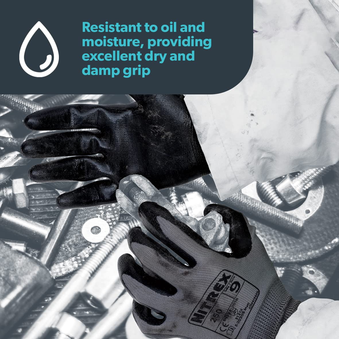 Nitrex 250 Work Gloves - General Handling Safety Gloves, Abrasion Resistant Nitrile Palm Coating, Polyester Liner, Enhanced Grip, Mechanical and Industrial Protection - 10 Pairs - Size 6