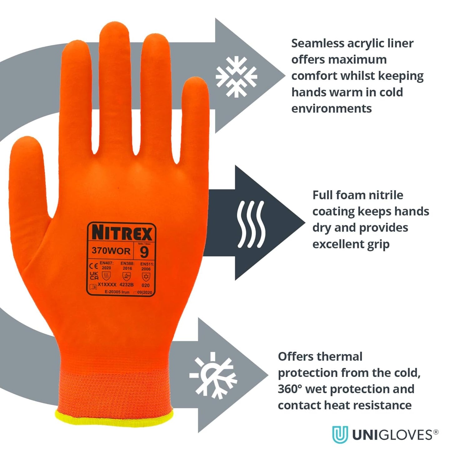 NITREX 370WOR Thermal Work Gloves, Wet and Dry Grip, High Visibility, Maximum Abrasion Resistance, Cut Protection Level B, Orange, Size 7