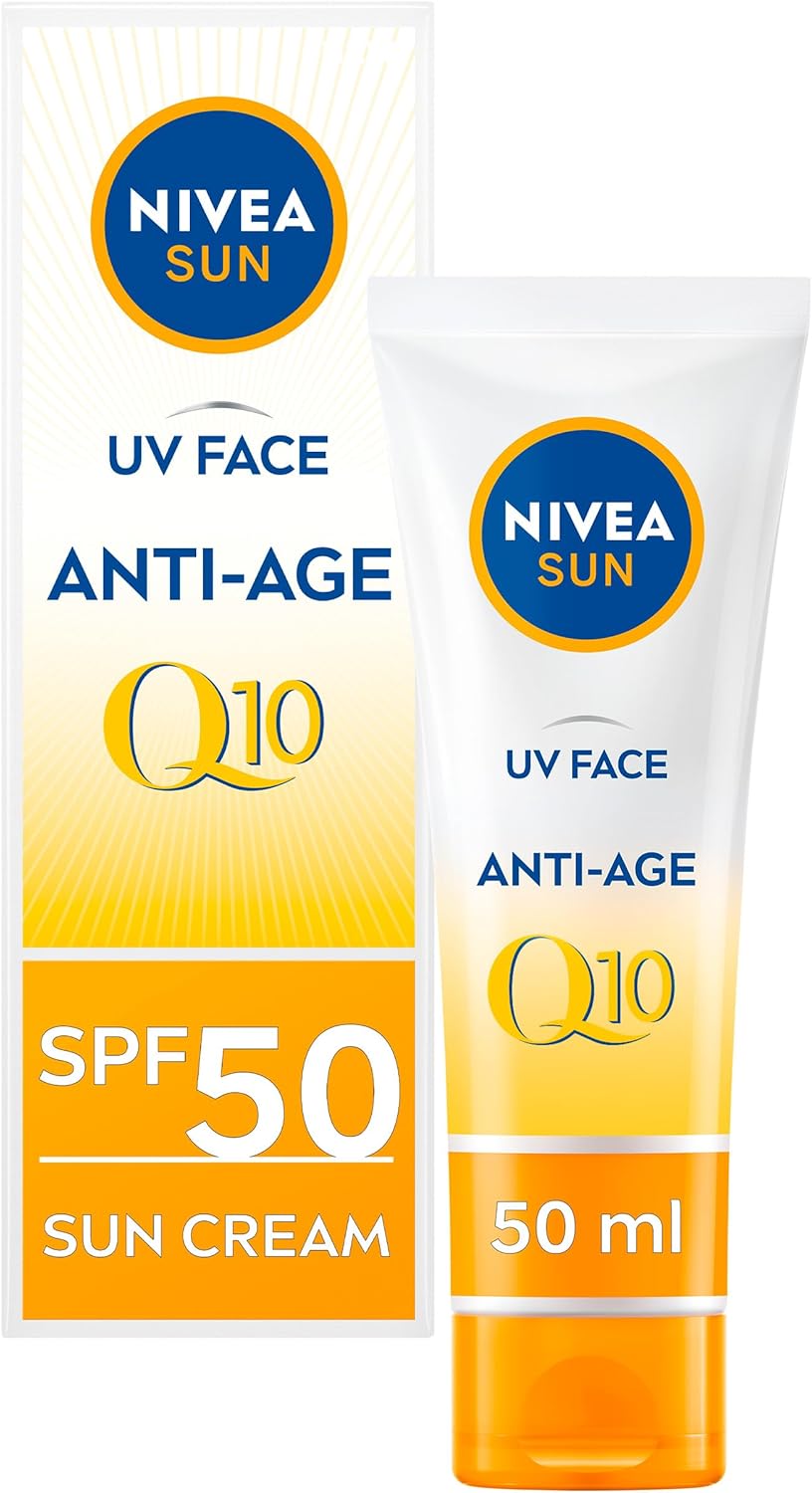 NIVEA UV Face SPF50 Q10 Anti-Age & Anti-Pigment 0% White Residue (50ml), Q10 Face Sun Cream, Anti-Ageing Cream Protects Against UVA/UVB Rays & Premature Skin Ageing