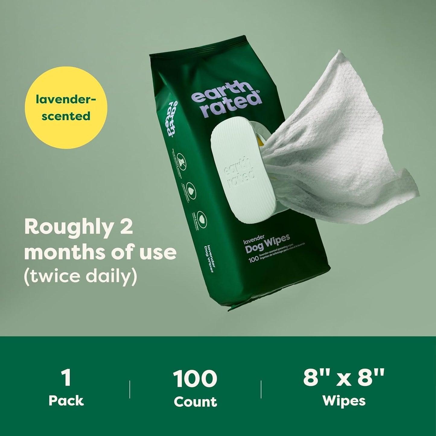 Earth Rated Hypoallergenic Dog Wipes, Cleaning and Odour-Controlling Grooming for Paws, Body, and Butt, Perfect for Puppy and Adult Dogs, Lavender Scent, 100 Count