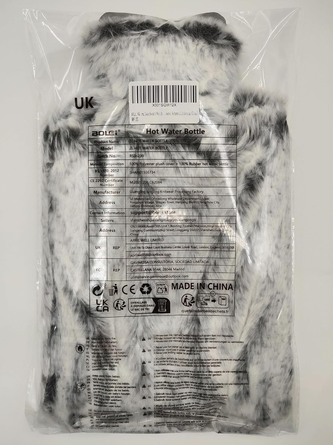 BOLEi Hot Water Bottle with Luxury Cosy Faux Fur Cover,2L Leakproof Large Hot Water Bag for Neck,Shoulder,Hand Feet Warmer,Ideal for Women,Men(Grey)