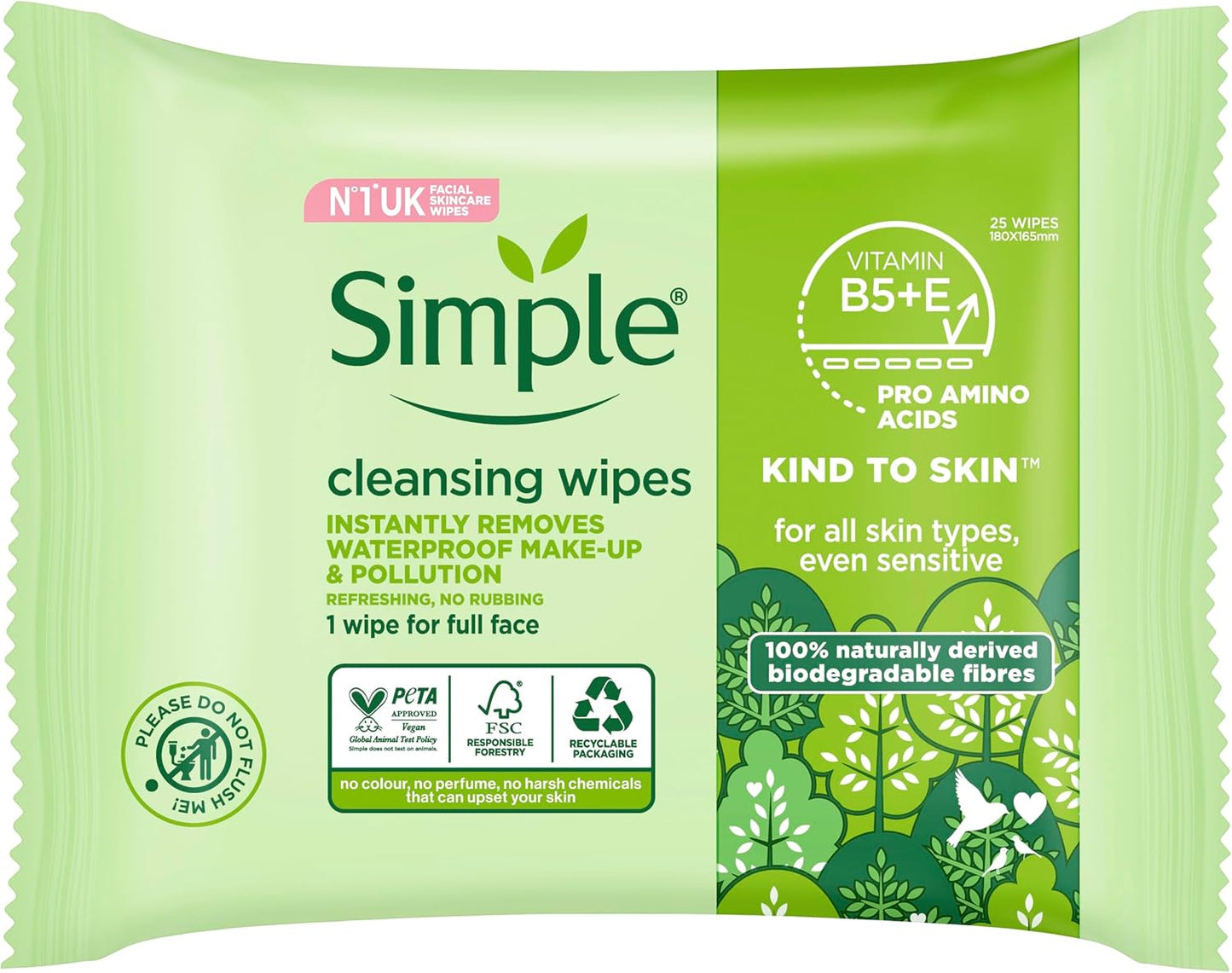 Simple Kind to Skin Bio-degradable Cleansing Wipes face wipes to remove waterproof eye make-up for sensitive skin 6x 25 wipes