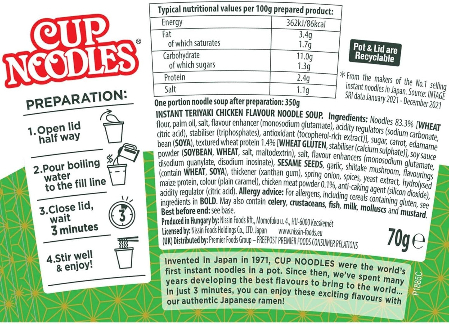 NISSIN Cup Noodles Chicken Teriyaki Flavoured Instant Noodles | 8 x 70g