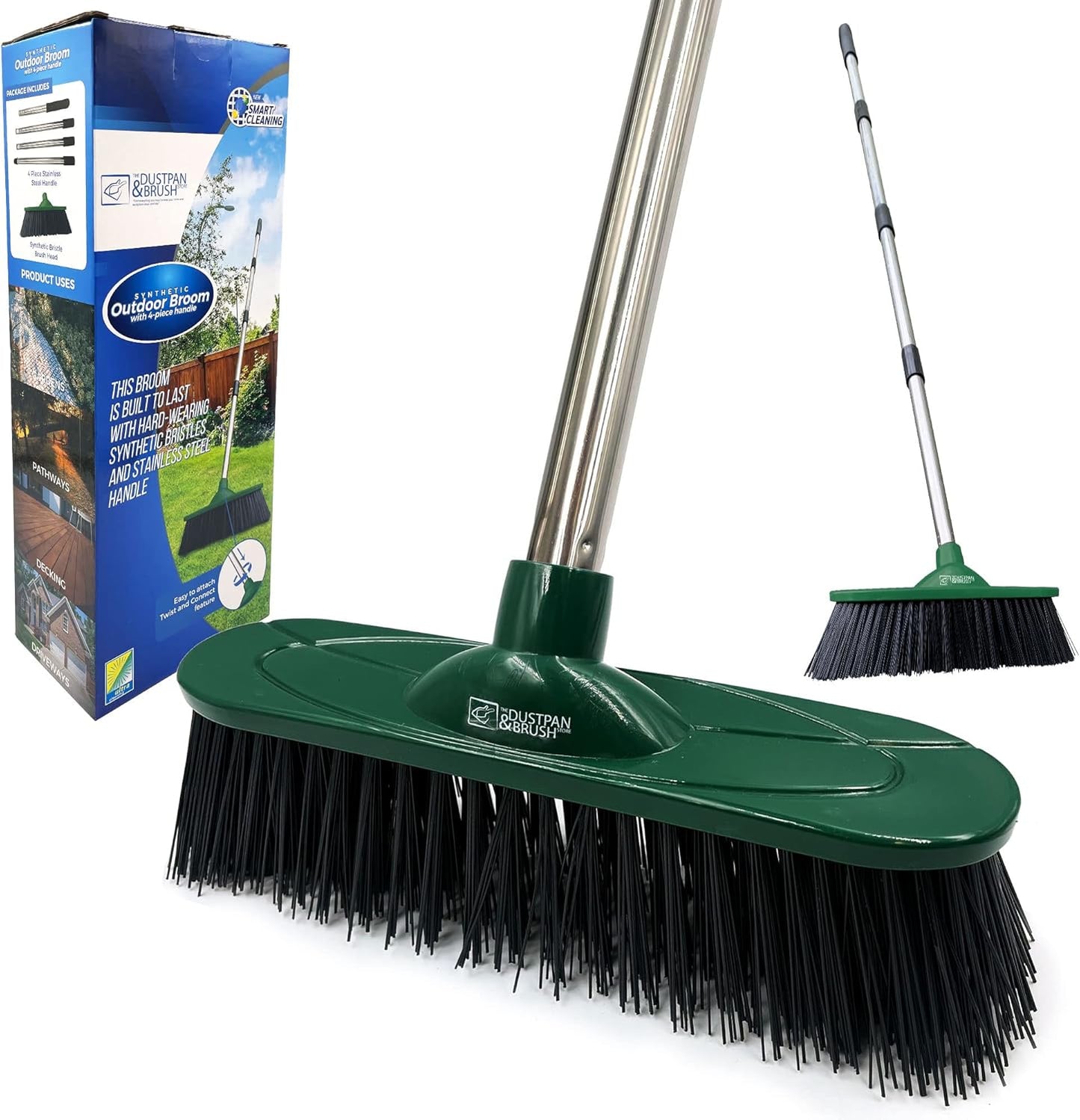 Yard Broom Outdoor Heavy Duty, 10” Synthetic Hard Bristle Brush Head and 4-Sections Stainless Steel Handle, Stiff Sweeping Broom for Cleaning Gardens, Yards, and Driveways