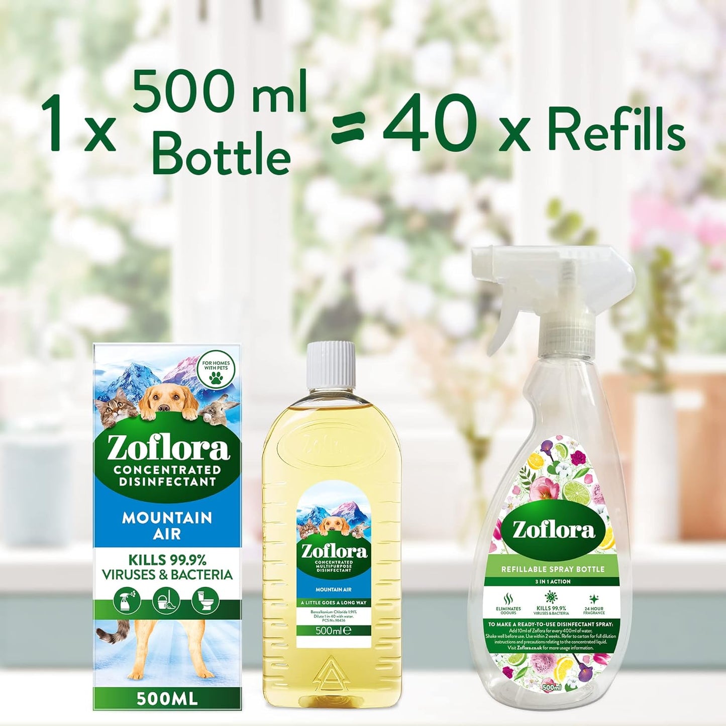Zoflora Mountain Air Concentrated Multipurpose Disinfectant Liquid, Antibacterial & Multi-Surface, Pet Safe Disinfectant, Kills 99.9% Of Bacteria & Viruses, 1 X 500 ml