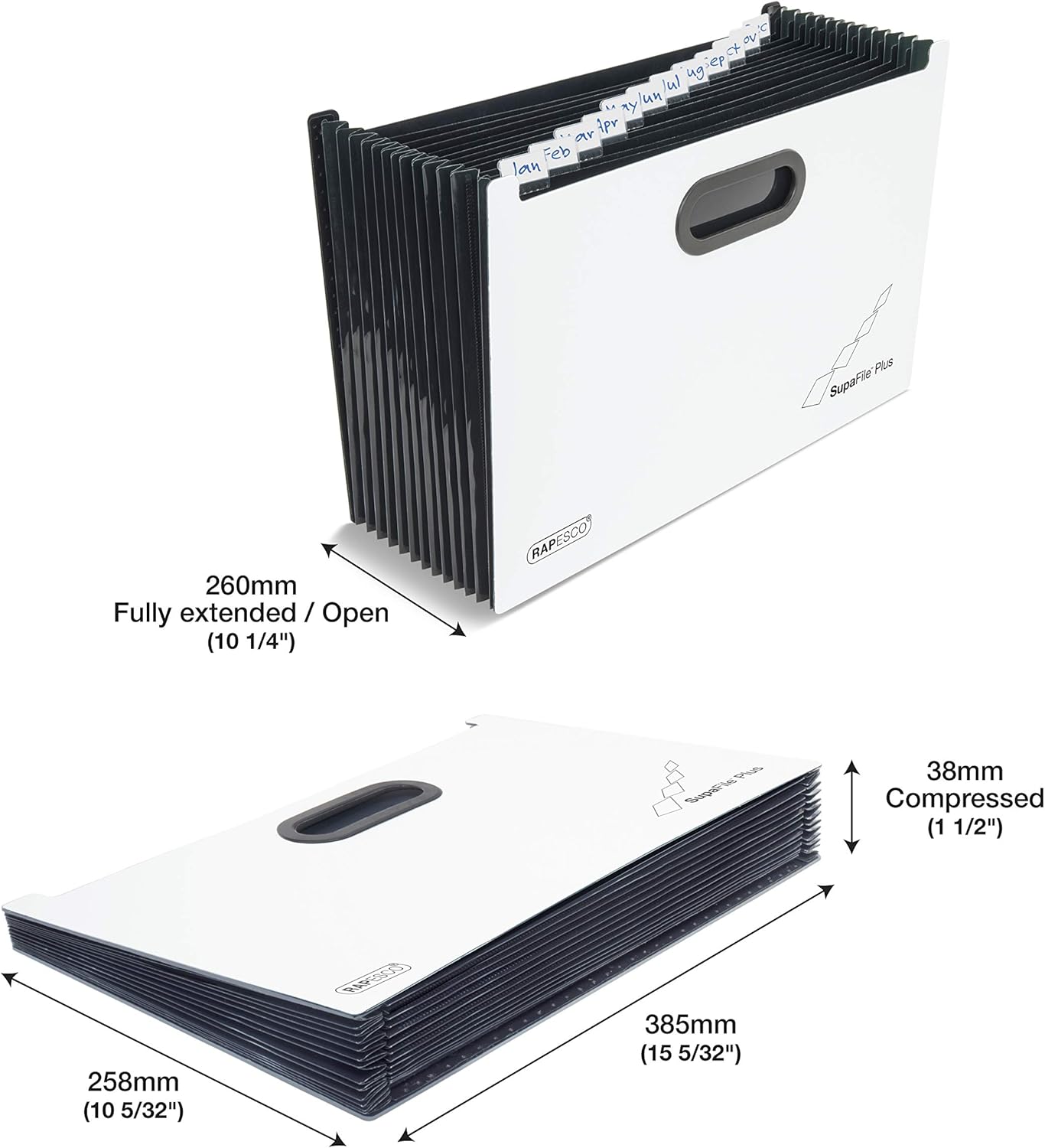 Rapesco 1624 SupaFile Plus 13-Part Landscape A4+ Expanding File, White/Black