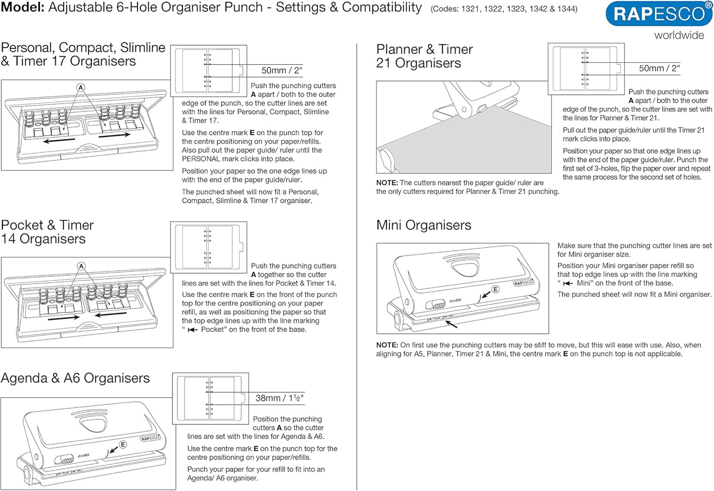 Rapesco 1342 Adjustable 6-Hole Organiser/Diary Punch, 10 Sheet Capacity, Black