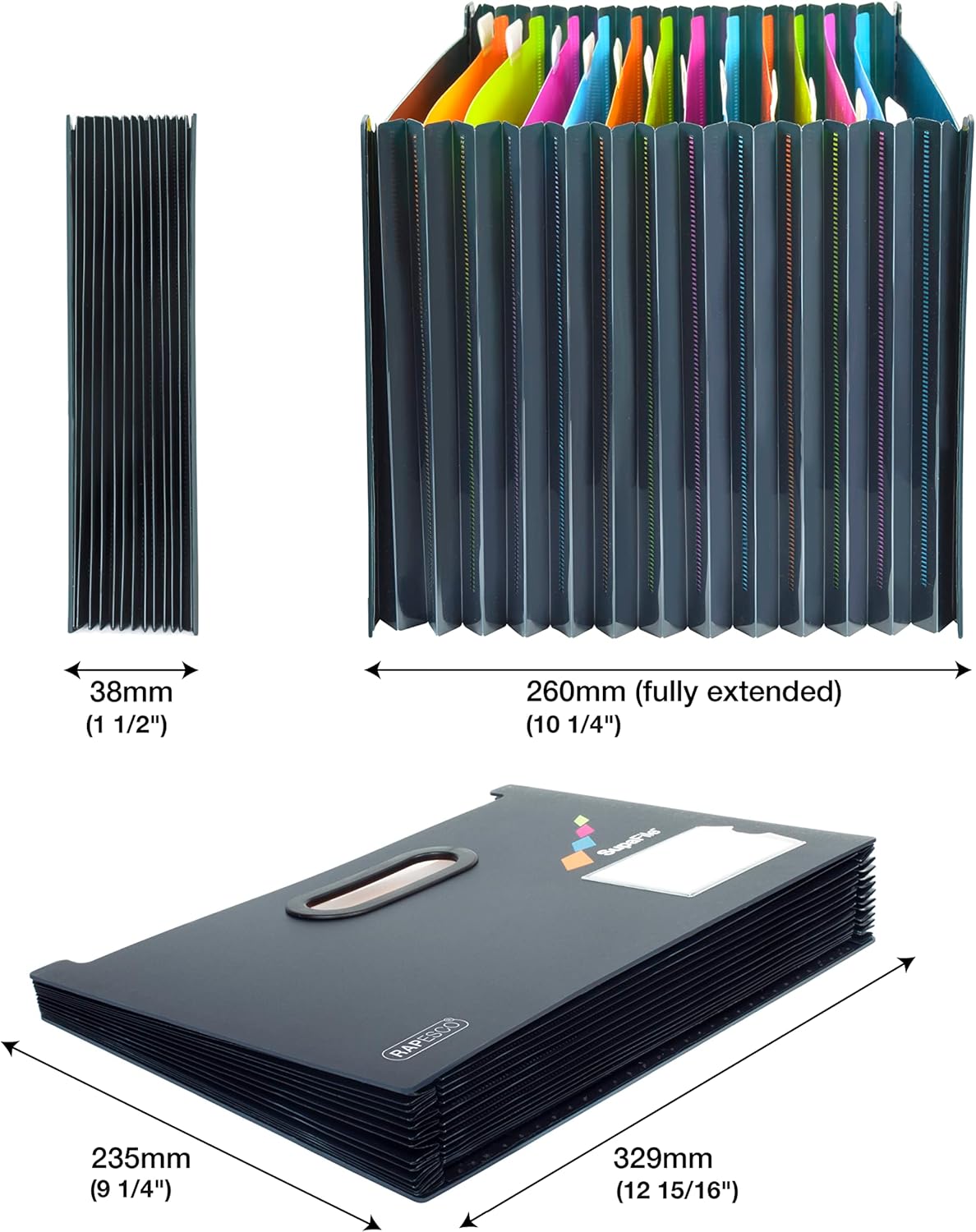 Rapesco 1729 SupaFile Twin Pack A4 13-Part Landscape Desktop Expanding File with Multi-Coloured Dividers, Black