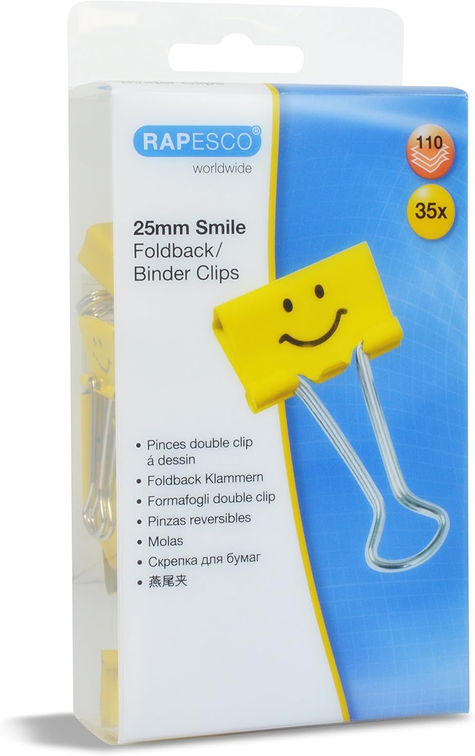 Rapesco 1427 25 mm Smiles Foldback Clips, Bright Yellow, Pack of 35
