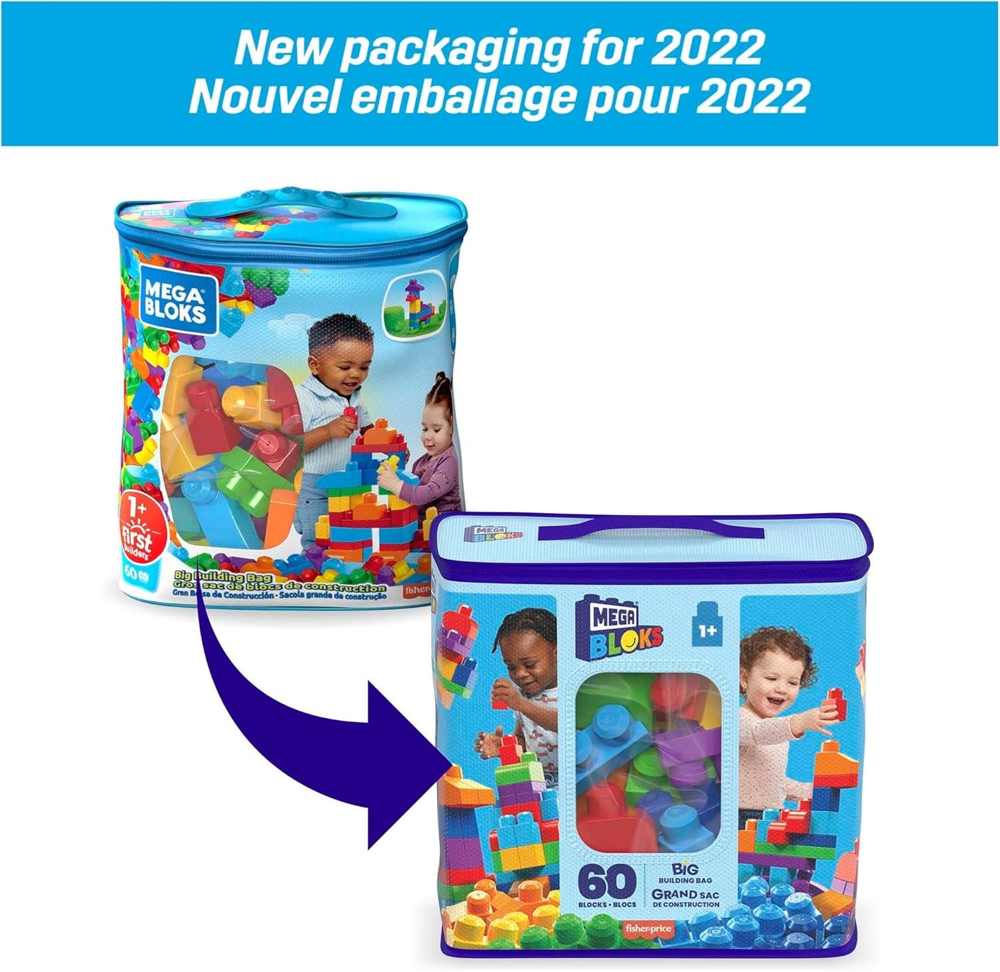 MEGA BLOKS Big Building Bag building set with 60 big and colorful building blocks, and 1 storage bag, toy gift set for ages 1 and up, DCH55