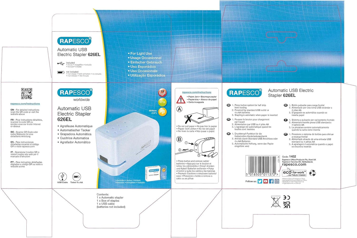 Rapesco 1452 626EL Automatic USB/Battery Stapler with 1000 26/6mm Staples, 15 Sheet Capacity, Powder Blue