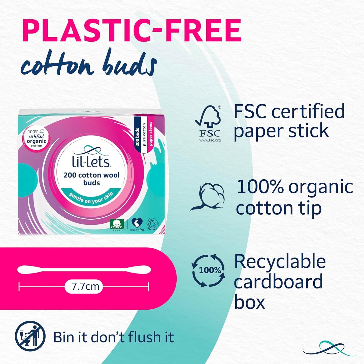 Lil-Lets Cotton Wool Buds, Certified Organic, 100% Pure Cotton Wool Tips, Durable Paper Stems, Plastic Free Cotton Buds, Dermatologically Tested, Pack of 200