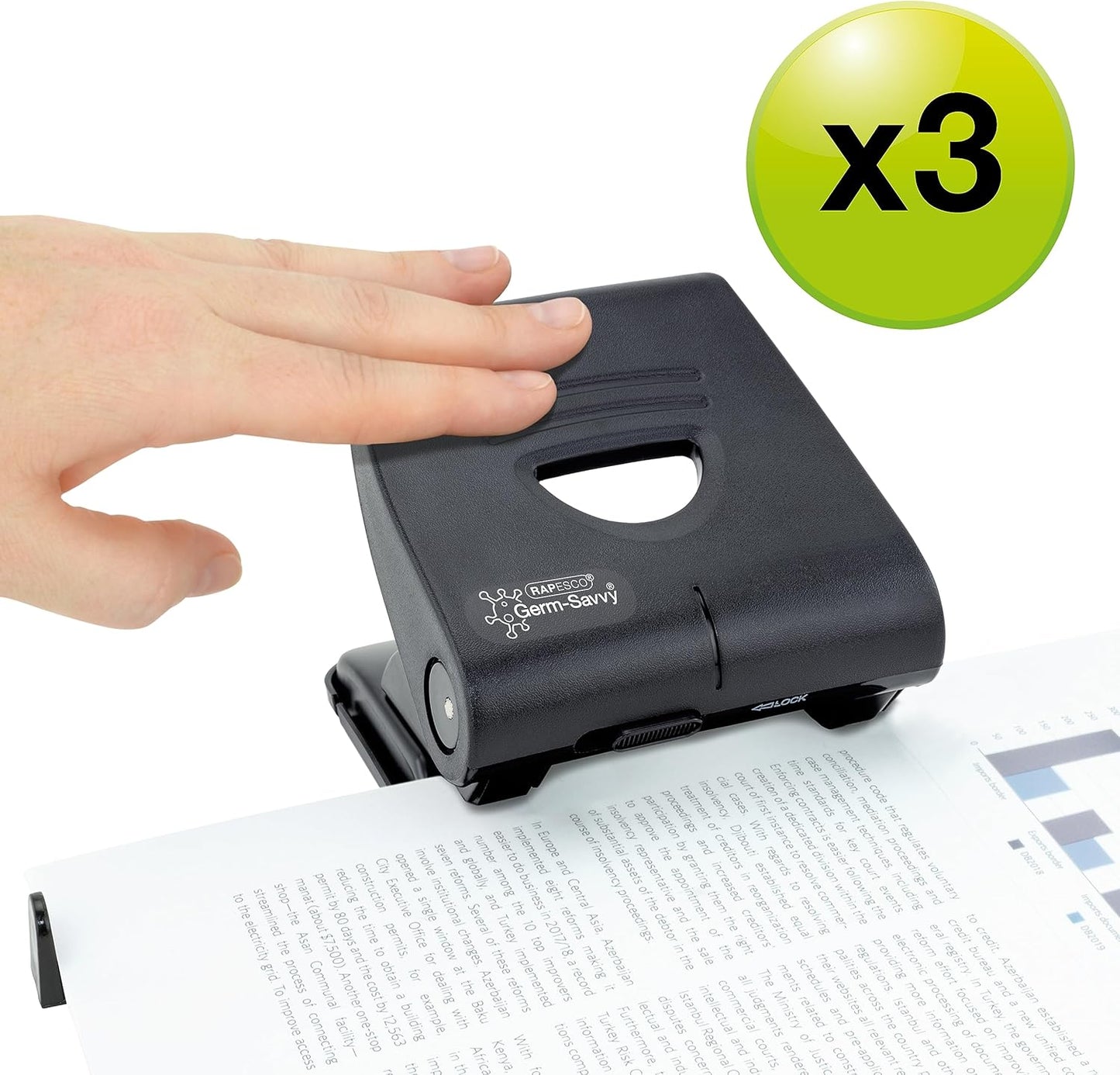 Rapesco 1738 Business Pack: Germ-Savvy Antibacterial 827-P 2-Hole Punch, 30 Sheet Capacity, Black, Pack of 3