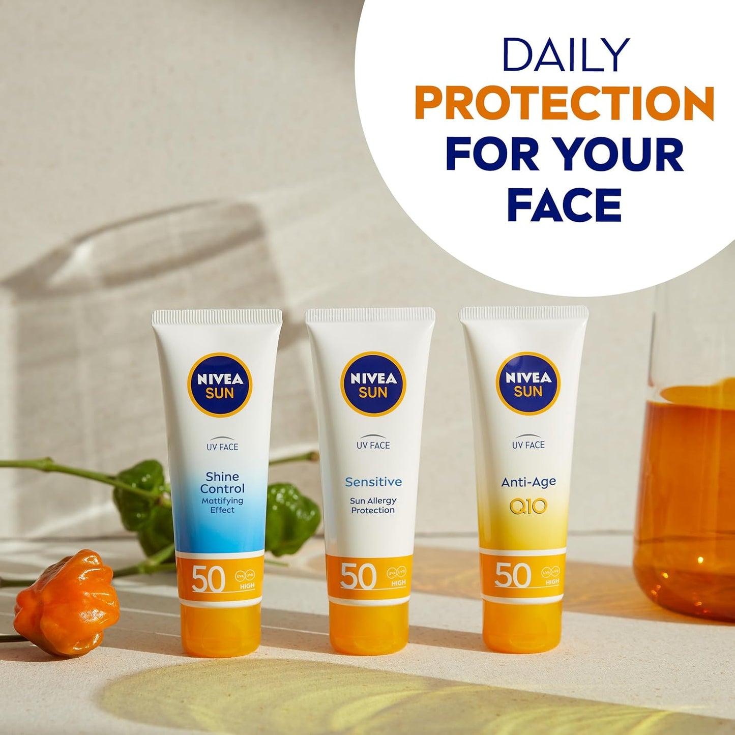 NIVEA UV Face SPF50 Q10 Anti-Age & Anti-Pigment 0% White Residue (50ml), Q10 Face Sun Cream, Anti-Ageing Cream Protects Against UVA/UVB Rays & Premature Skin Ageing