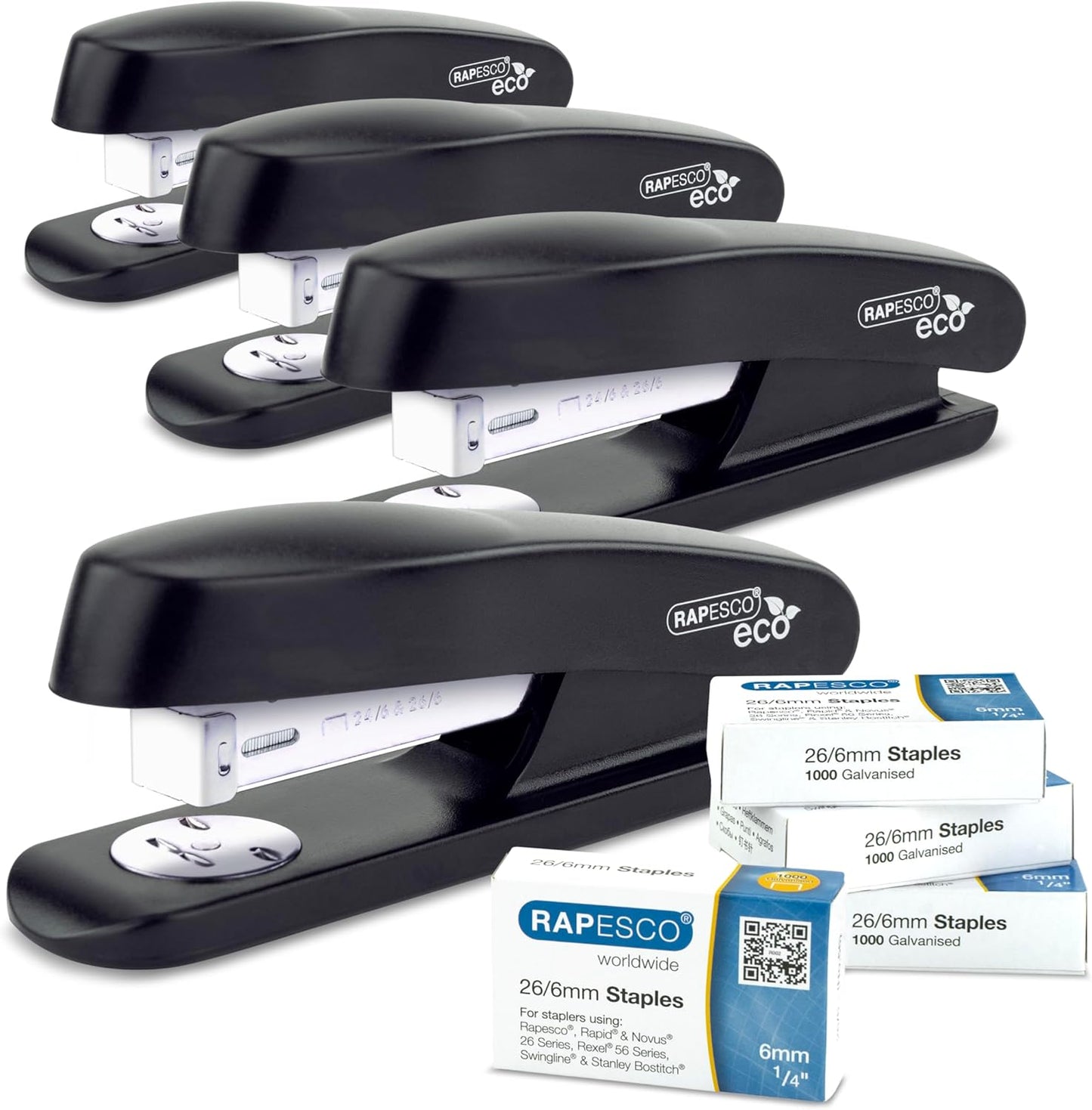 Rapesco 1756 Business Pack: 4 ECO Half Strip Staplers and 4 Boxes of 1000 26/6mm Staples, 20 Sheet Capacity, Black