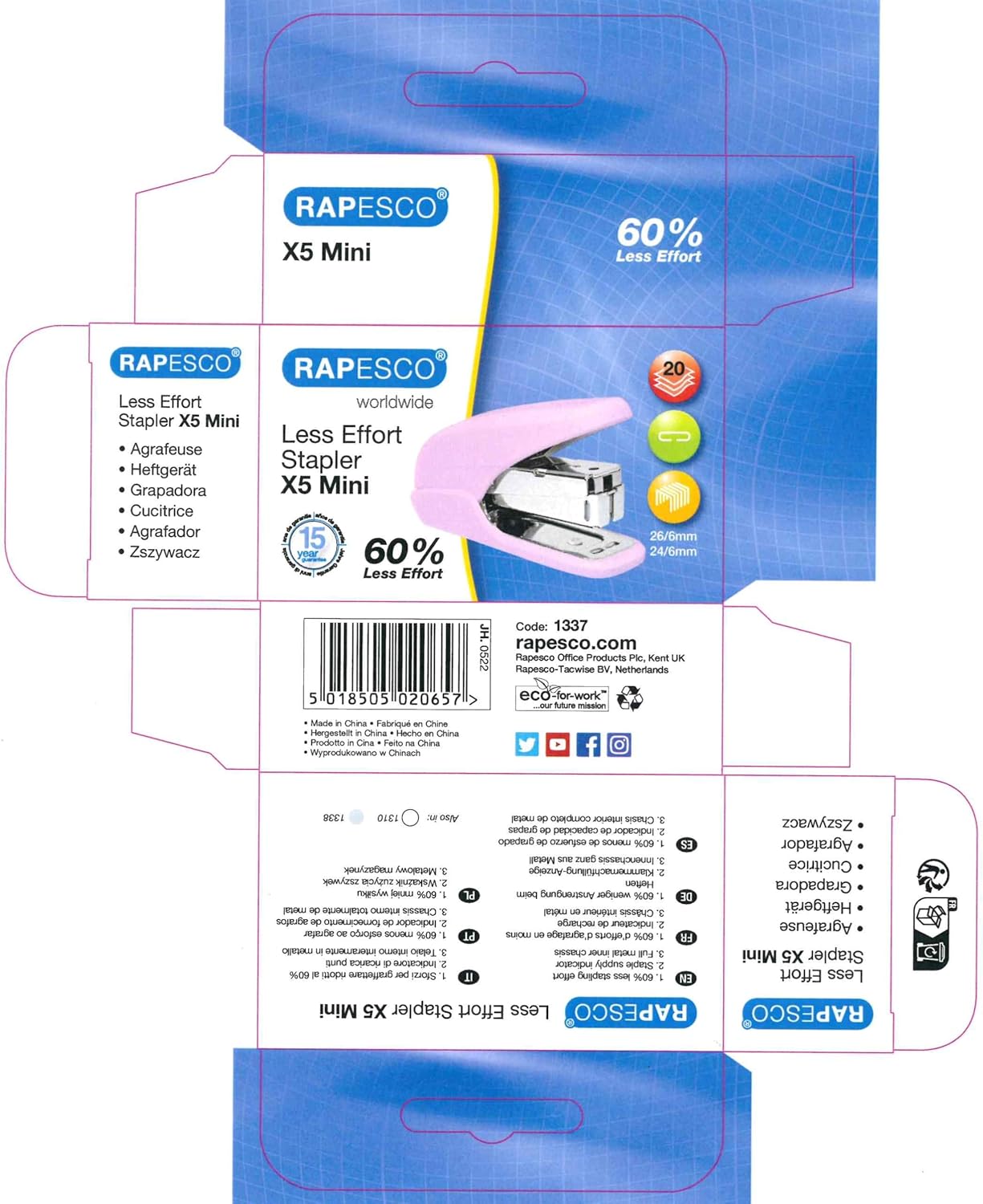 Rapesco 1337 X5-Mini Less Effort Stapler, Candy Pink