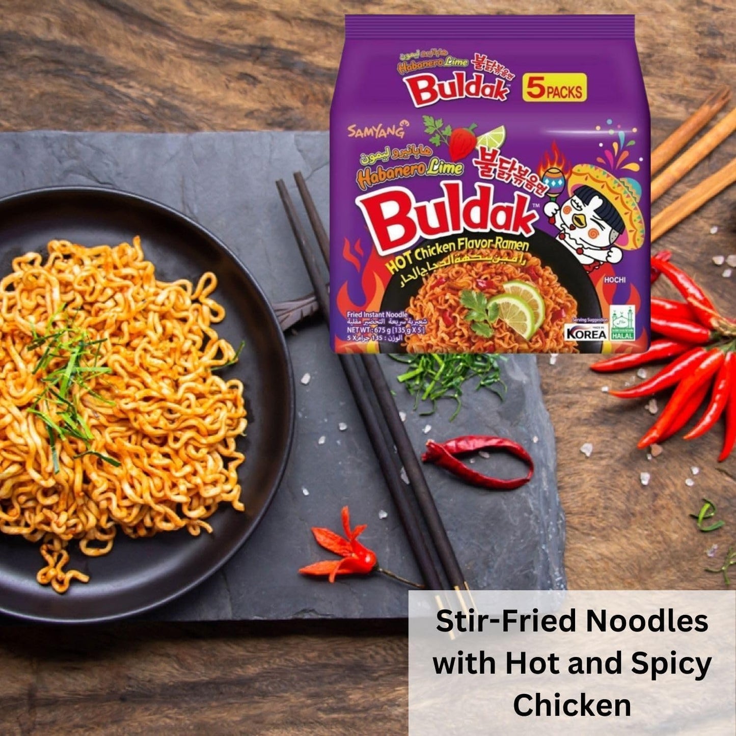 Samyang Chicken Ramen Noodles (140 x 5) Gram - Instant Korean Style Spicy Flavour - Quick & Delicious Instant Chewy Noodles (Pack of 1, Samyang Habanero Lime Noodles)