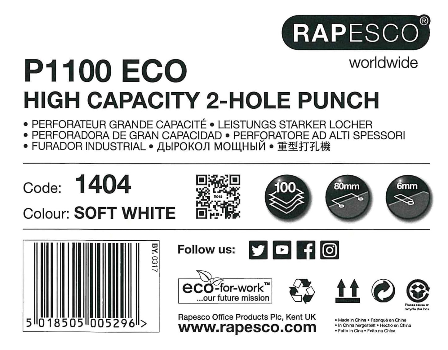 Rapesco 1404 Germ-Savvy Antibacterial, ECO P1100 High Capacity/Heavy Duty Punch, 100 Sheet Capacity, Soft White