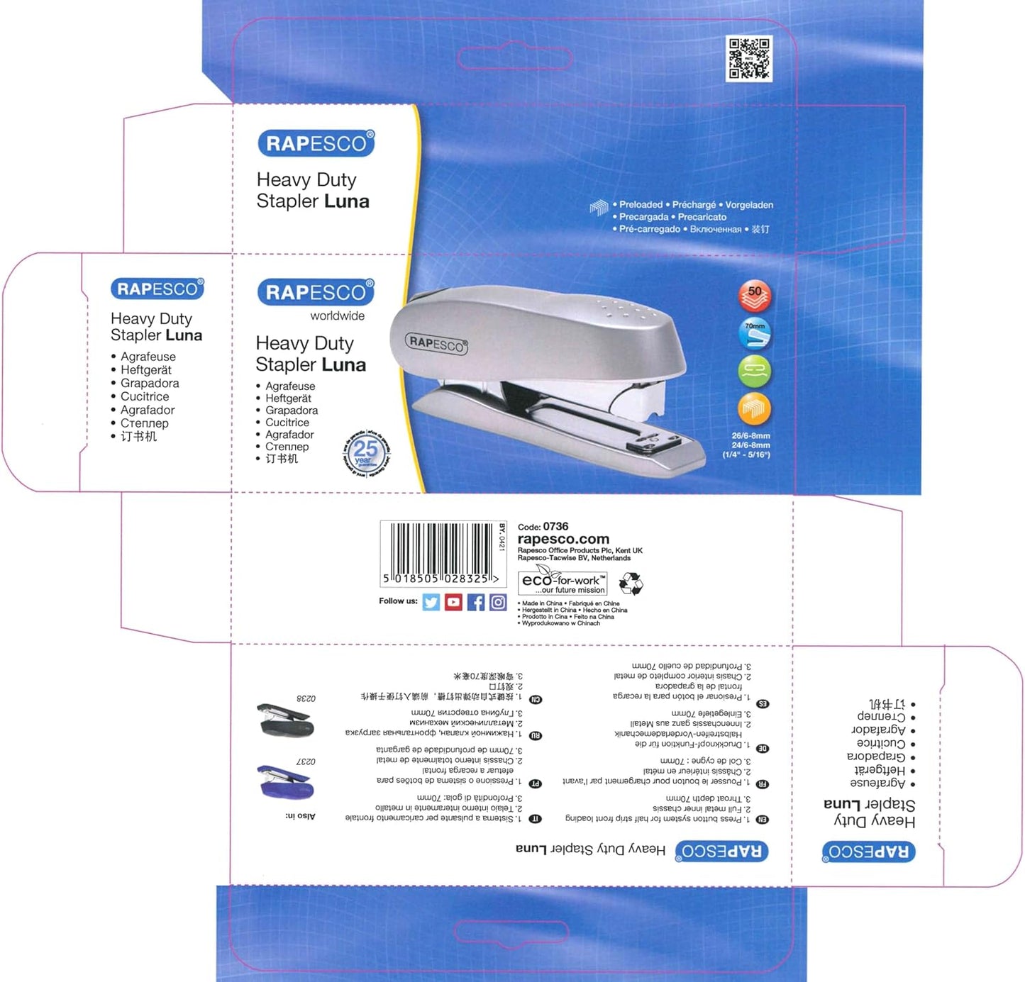 Rapesco 0736 Luna Front Loading Stapler, 50 Sheet Capacity, Silver