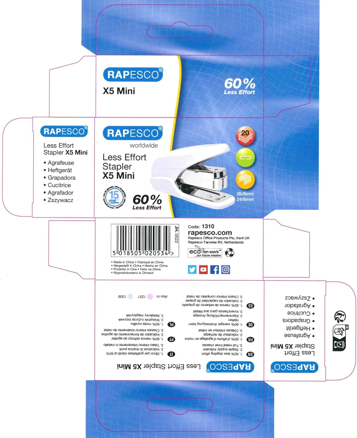 Rapesco 1310 Stapler X5-Mini Less Effort, White