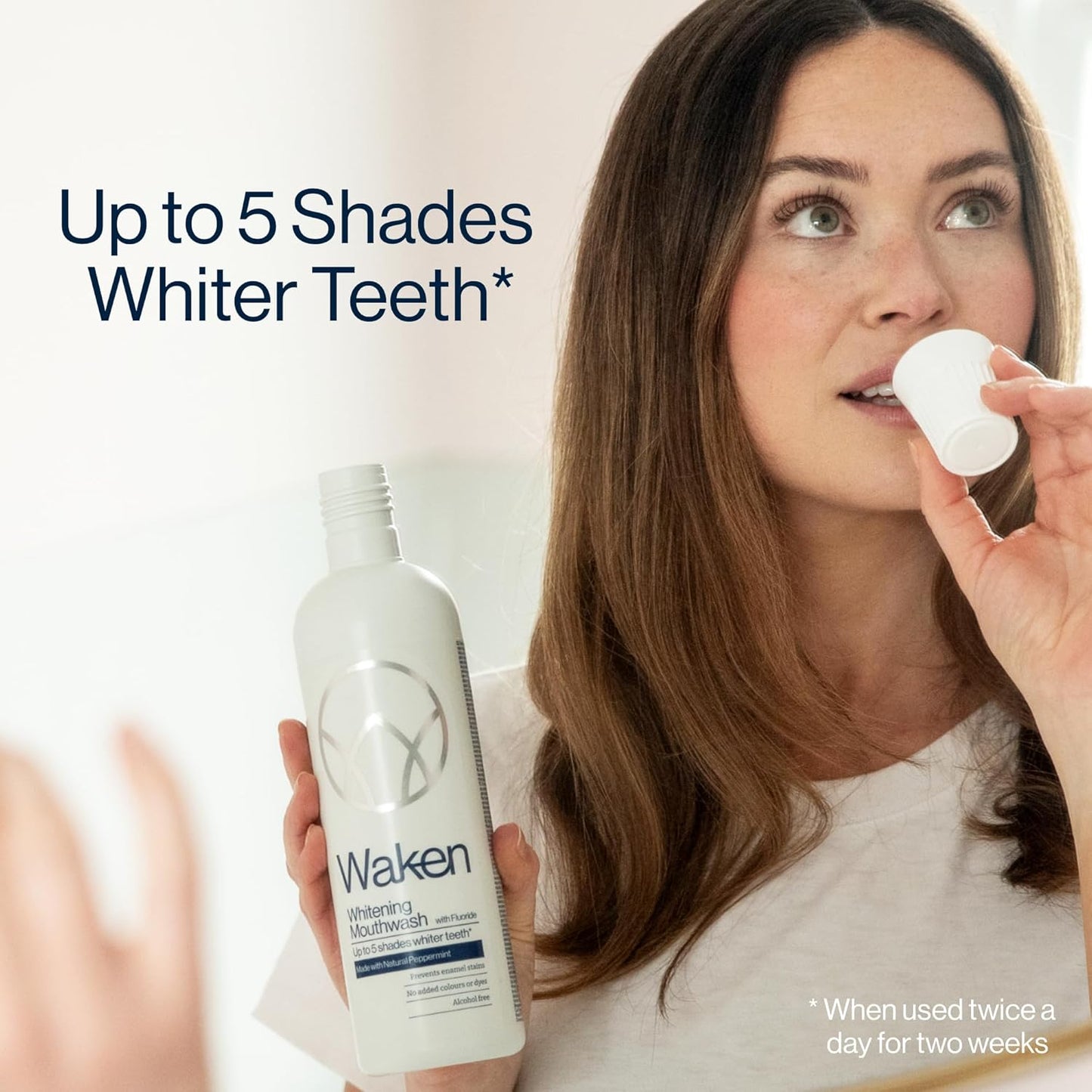 Waken Whitening Mouthwash, with Added Fluoride, Prevents Enamel Stains, Helps Protect Against Cavities and Reduce Plaque, Alcohol-Free, Vegan, Recycled Packaging, Natural Peppermint Flavour, 500ml