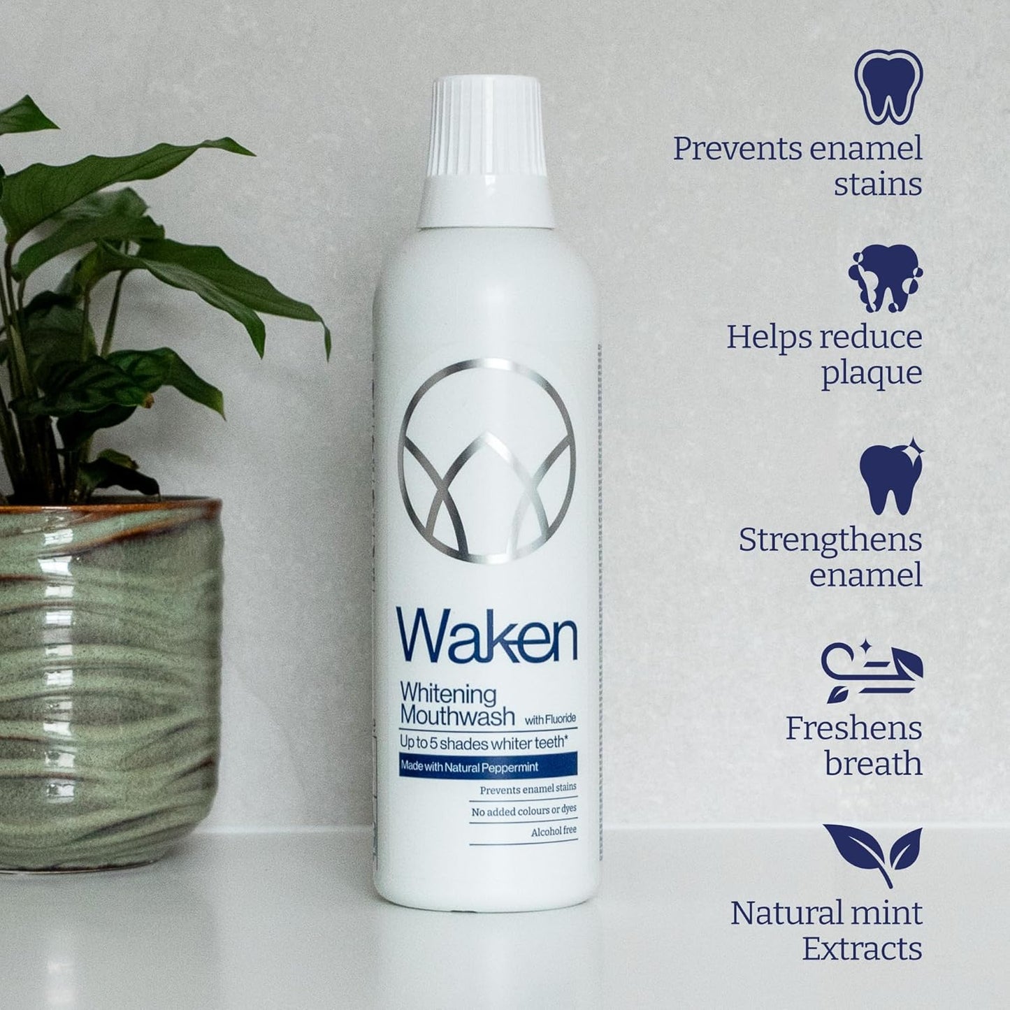Waken Whitening Mouthwash, with Added Fluoride, Prevents Enamel Stains, Helps Protect Against Cavities and Reduce Plaque, Alcohol-Free, Vegan, Recycled Packaging, Natural Peppermint Flavour, 500ml