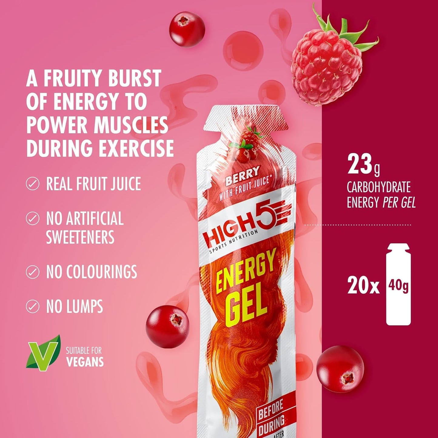 HIGH5 Energy Gels - Quick Release Sports Gels to Power Muscles for Peak Performance - Natural Fruit Juice & Caffeine-Free - On The Go Energy Boost for Running, Cycling and Endurance (Berry, 20 x 40g)