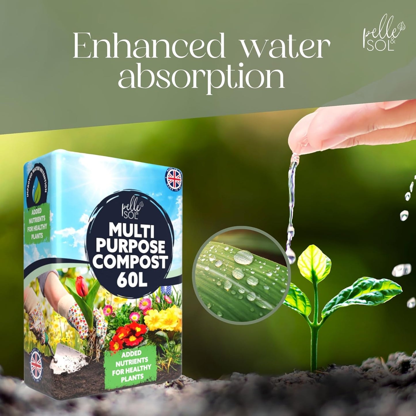 Pelle & Sol 60L Multi Purpose Compost - Compost for Outdoor Plants & Soil for Plants Indoors - Potting Soil for Pots Plants Outdoor - All Purpose Nutrient Rich Fertiliser, Houseplant Potting Mix