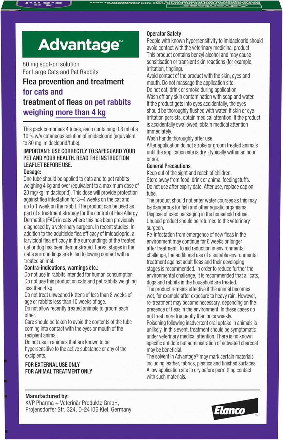 Advantage Flea Treatment 80 for Large Cats and Rabbits 4x Pipette, For Pets Weighing More than 4kg, Spot-on Treatment to Kill and Prevent Fleas on Large Cats and Treat Fleas on Pet Rabbits
