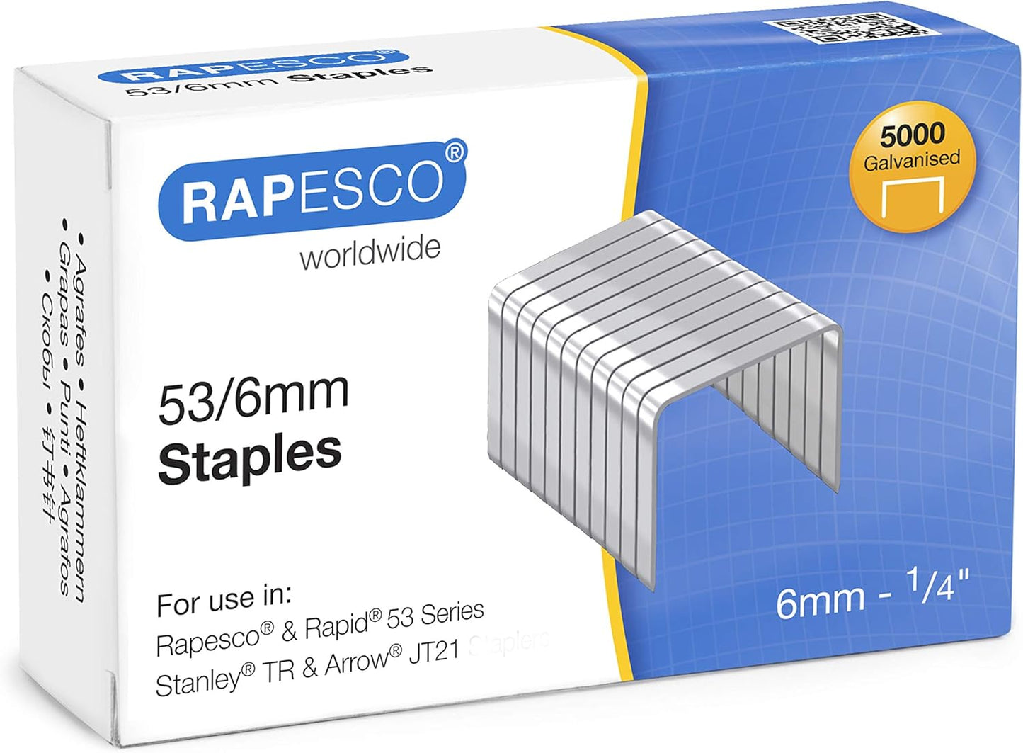 Rapesco 0749 53/6 mm Galvanised Staples, Box of 5000