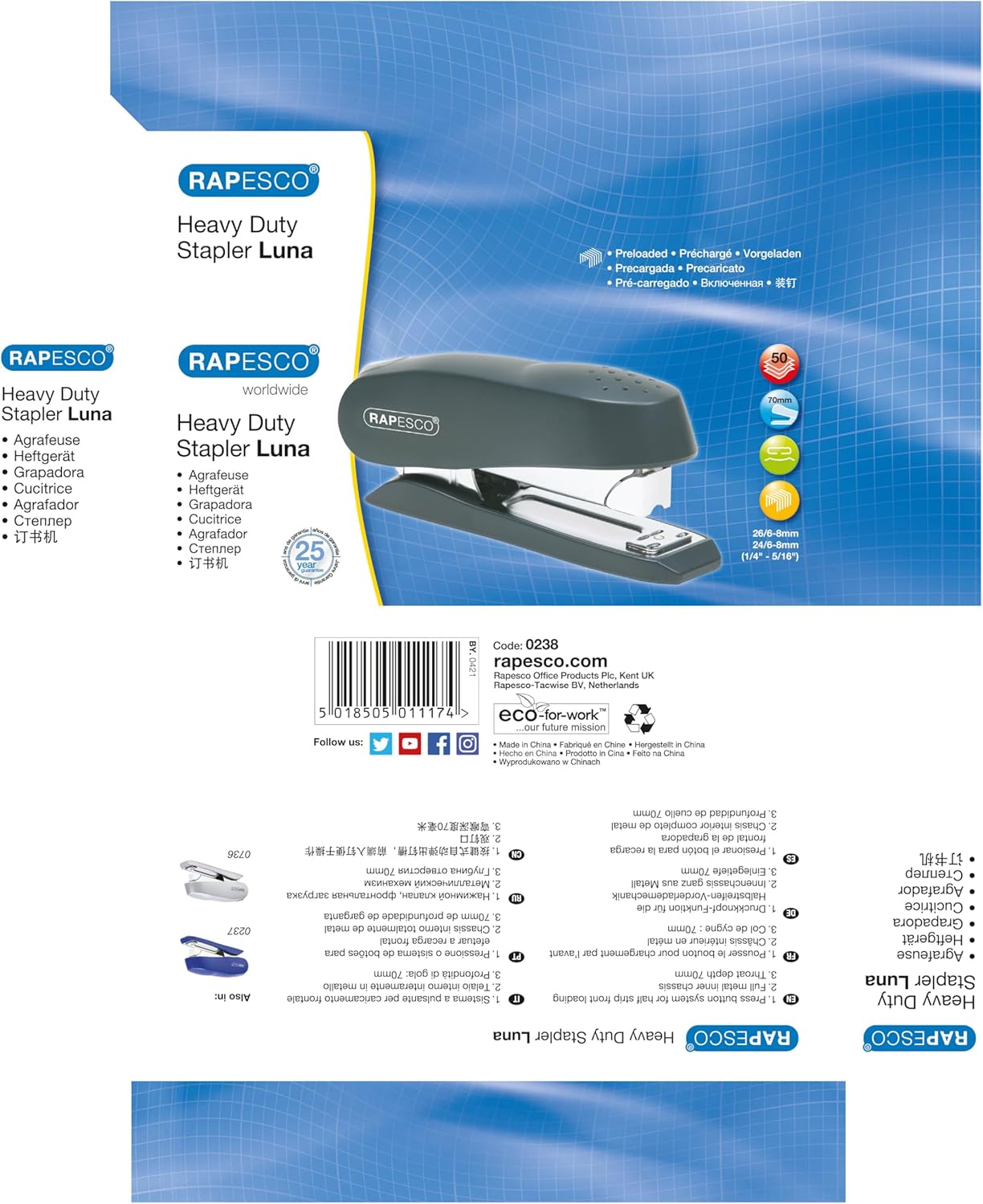 Rapesco 0238 Luna Front Loading Stapler, 50 Sheet Capacity, Charcoal