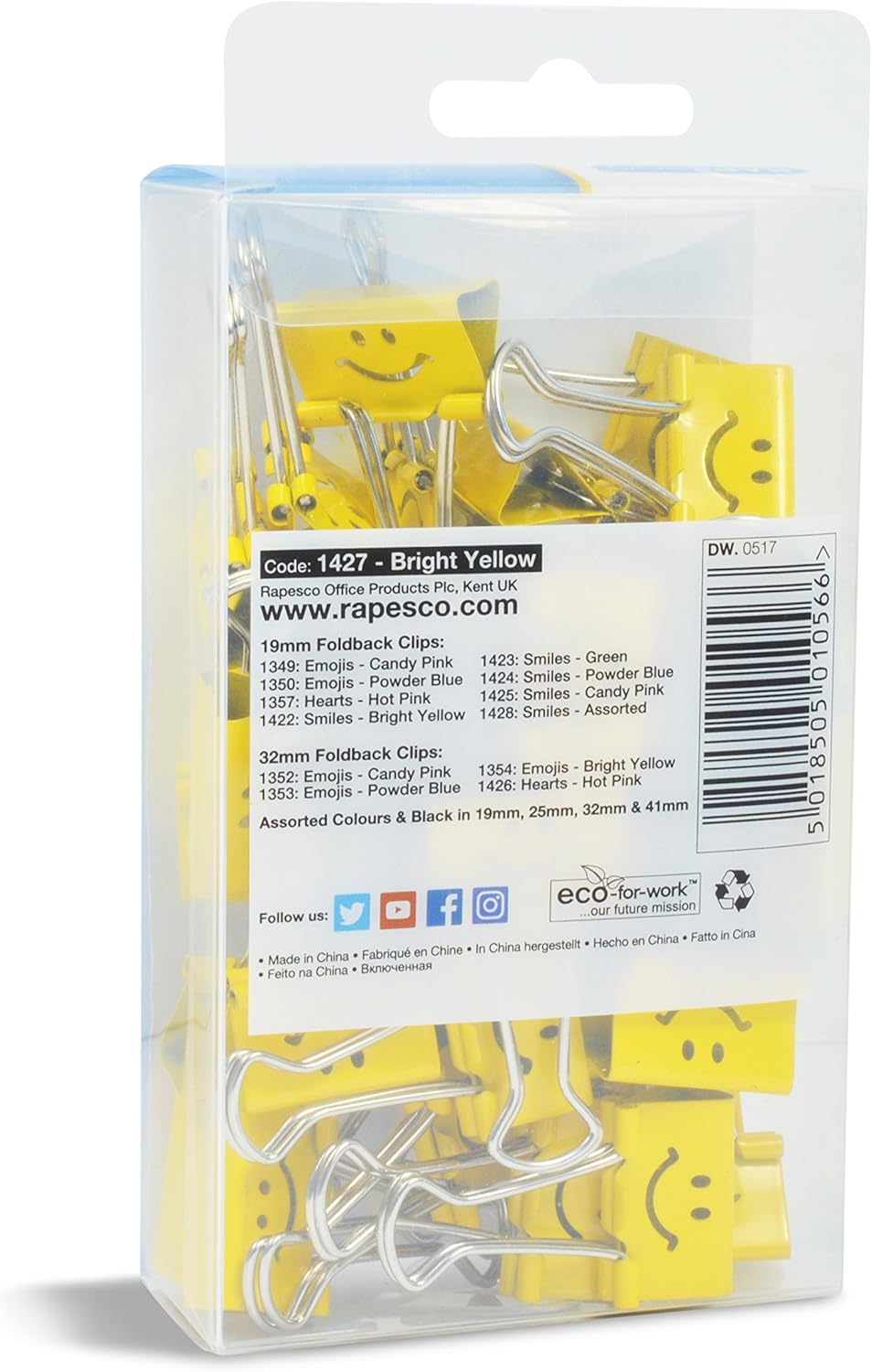 Rapesco 1427 25 mm Smiles Foldback Clips, Bright Yellow, Pack of 35