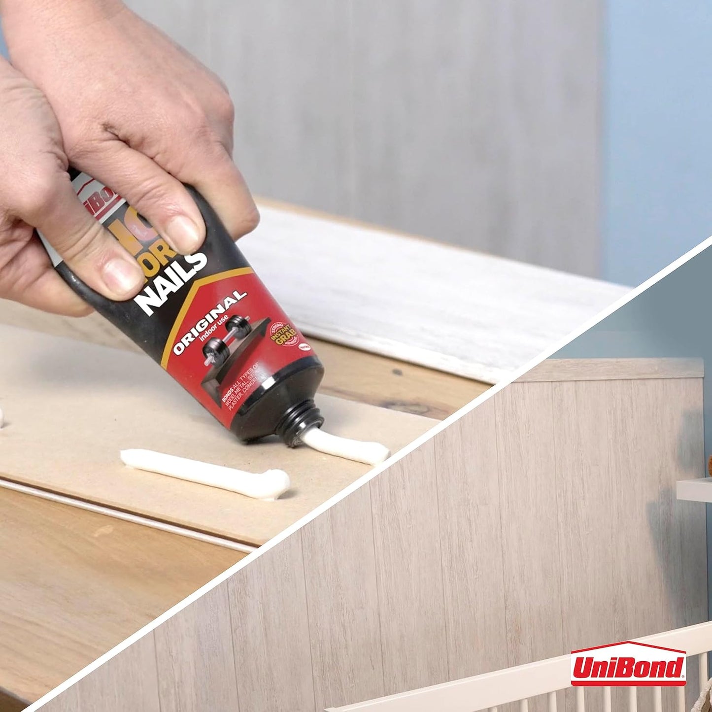UniBond No More Nails Original, Heavy-Duty Mounting Adhesive, No Nails Strong Glue for Wood, Ceramic, Metal & More, White instant Grab Adhesive, 1 x 234g Tube