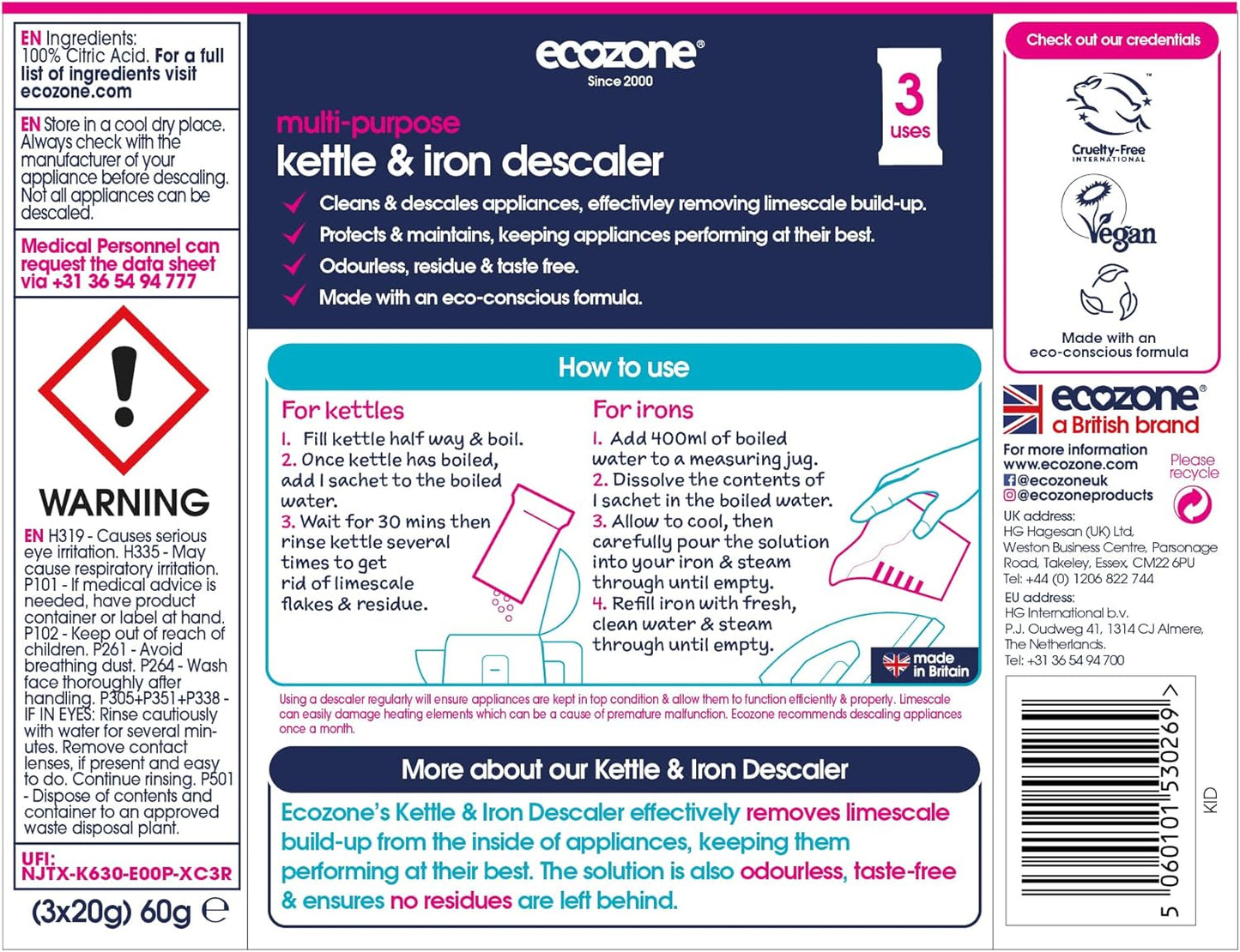 Ecozone Kettle and Iron Descaler, Internal Cleaner & Scale Remover for Kitchen & Home Appliances, limescale Prevention Sachets, Easy To Use, Natural Vegan & Non Toxic Eco-Safe Formula (3 Treatments)