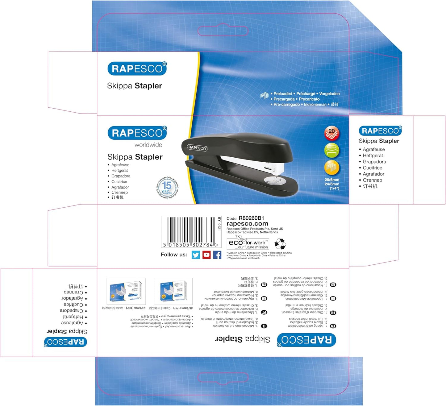 Rapesco R80260B1 Skippa Full Strip Stapler, 20 Sheet Capacity, Black