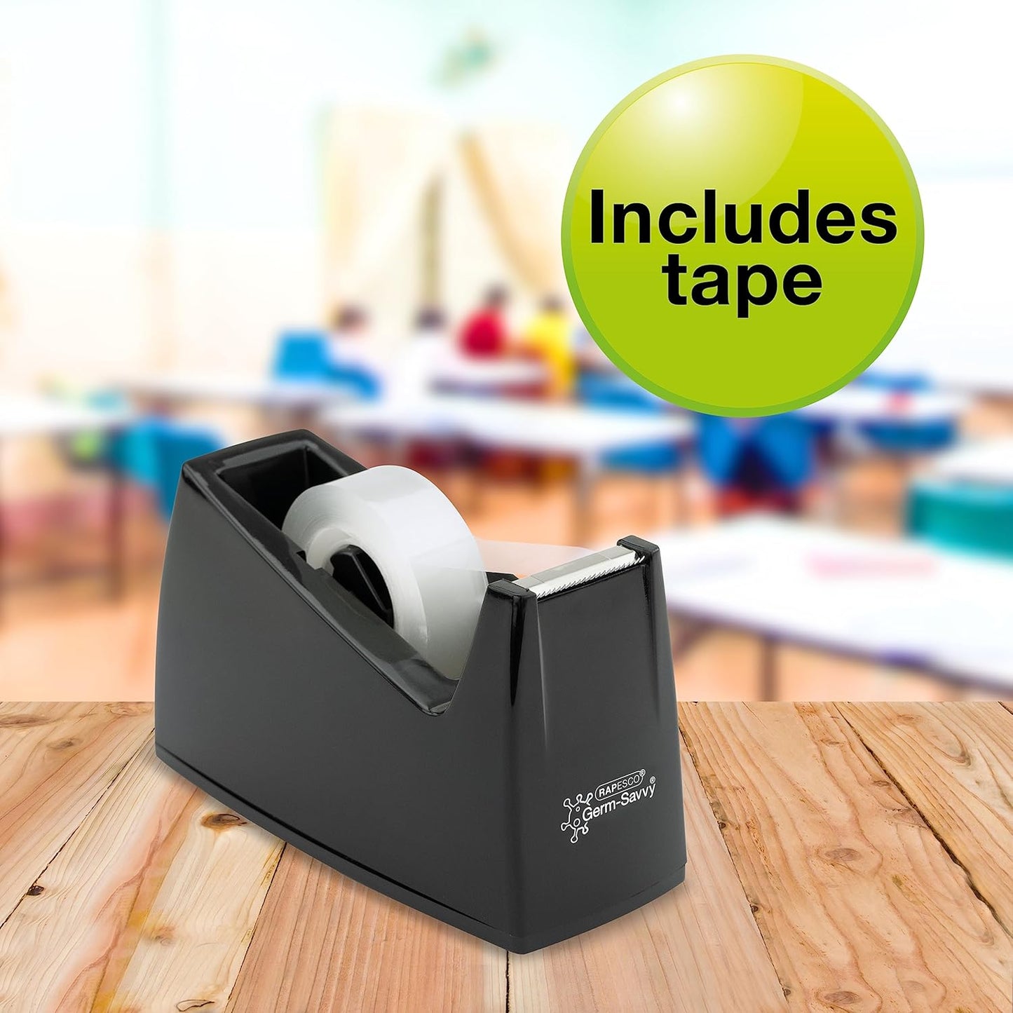 Rapesco 1741 Business Pack: 4 Germ-Savvy Antibacterial 300 Tape Dispensers and 4 Clear Tape Rolls, Black