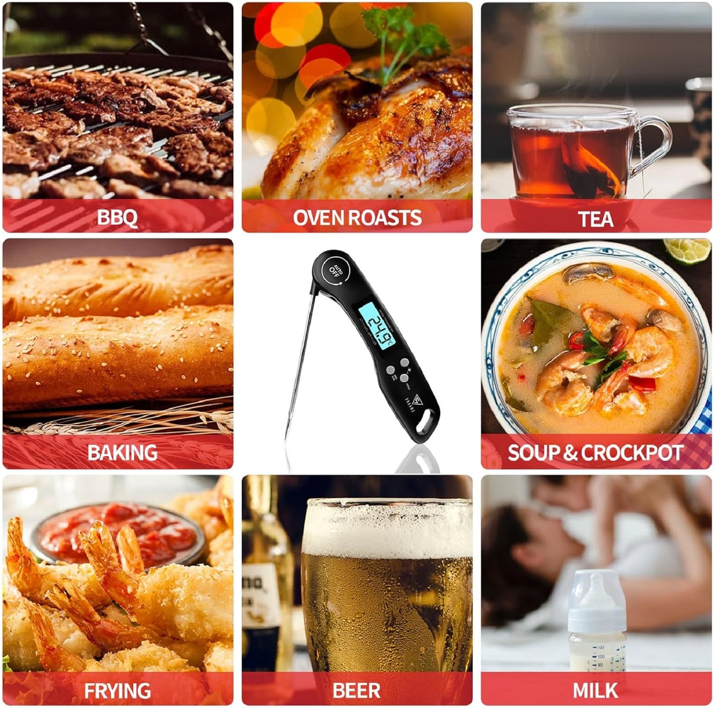 DOQAUS Digital Meat Thermometer, Instant Read Food Thermometer with Backlight LCD Screen, Foldable Long Probe & Auto On/Off, Perfect for Kitchen, BBQ, Water,Meat, Milk, Cooking Food (Black)