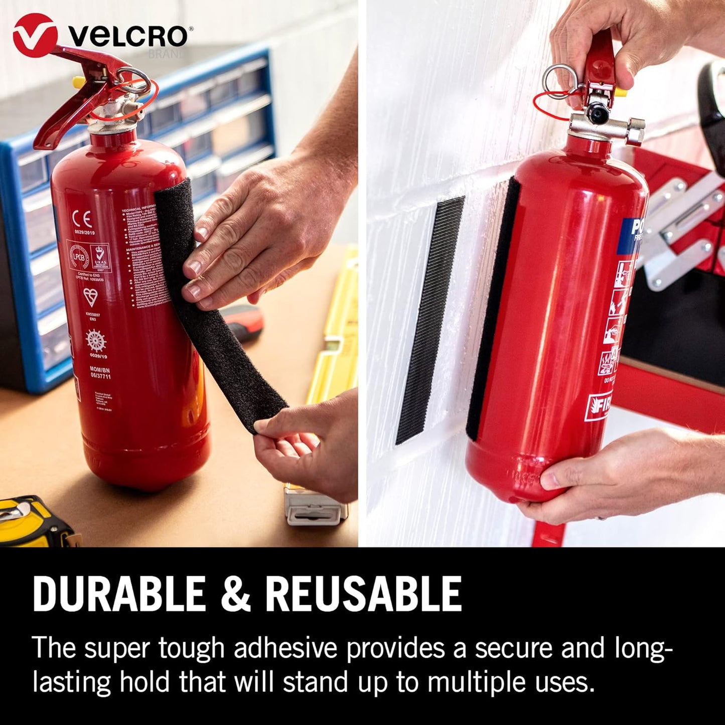 VELCRO Brand Heavy Duty Stick On Tape Cut-to-Length Industrial Extra Strong Double Sided Hook & Loop Self Adhesive Tape Perfect for Room Décor & Home, Office, Garage Use Black 50mm x 1m
