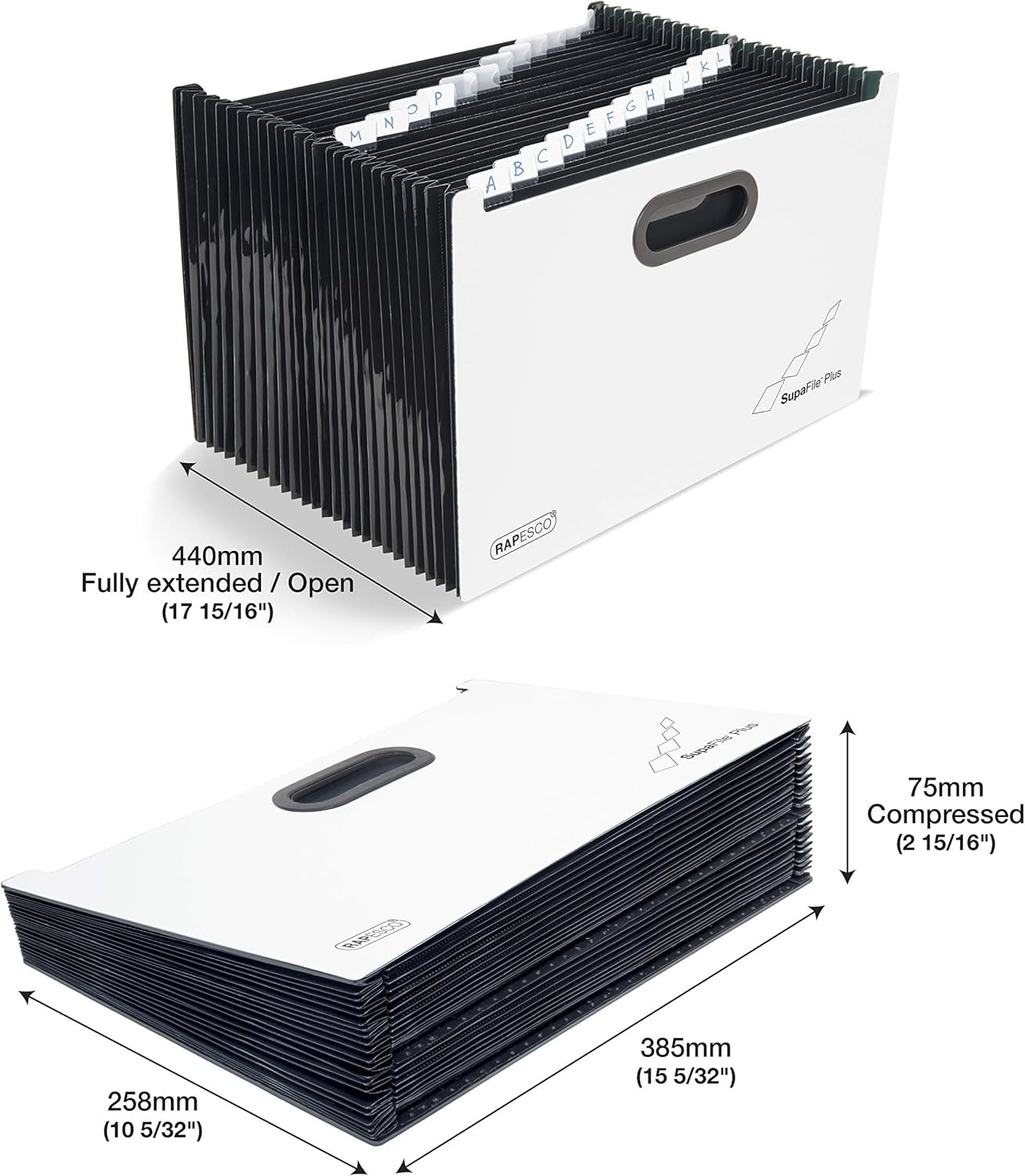 Rapesco 1622 SupaFile Plus A4+ Desktop Expanding File Organiser, Oversized to Fit Folders, 26-Part, White/Black