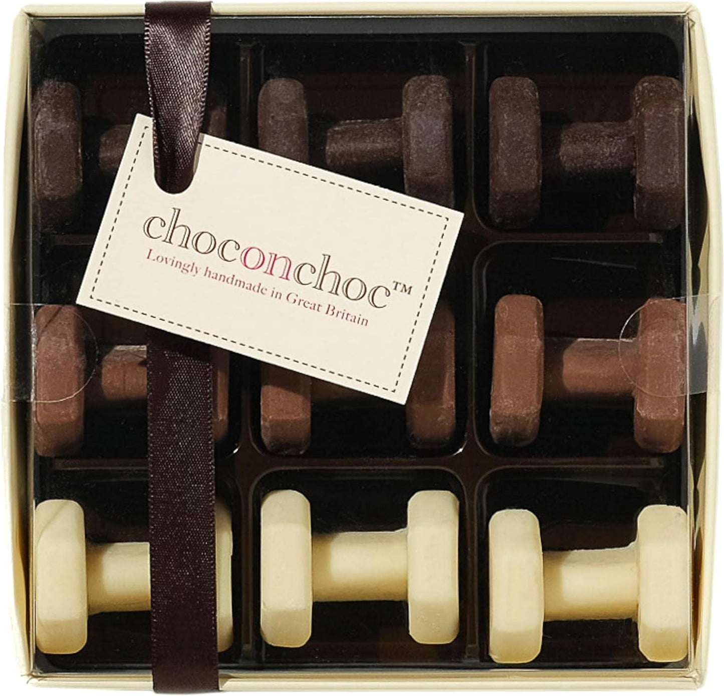 Choc On Choc Chocolate Dumbbells | Handmade Belgian White, Milk, and Dark Chocolate - 70g - Unique Gift Idea for Fitness Enthusiasts & Chocolate Lovers | Premium Quality Ingredients
