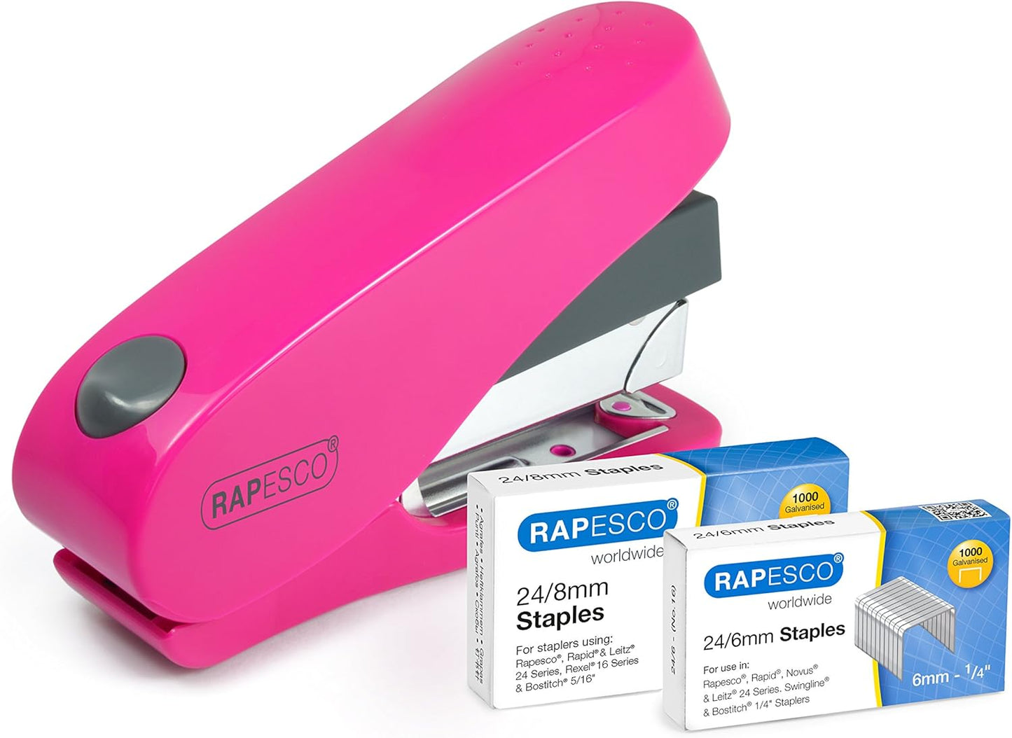 Rapesco 1468 Luna Less Effort Stapler with 2000 Staples, 50 Sheet Capacity, Hot Pink