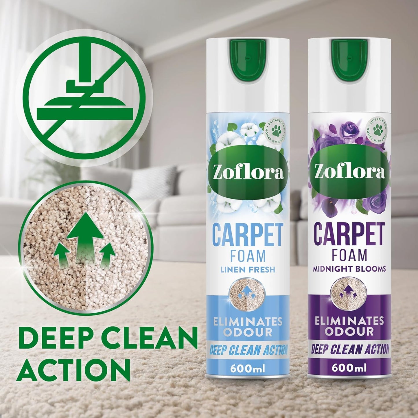 Zoflora Linen Fresh Carpet Freshener & Care Foam, Carpet Cleaner,Stain Remover Foam for Carpets and Upholstery, Neutralises Odours, Deep Cleans, Pet Safe, 1x 600 ml