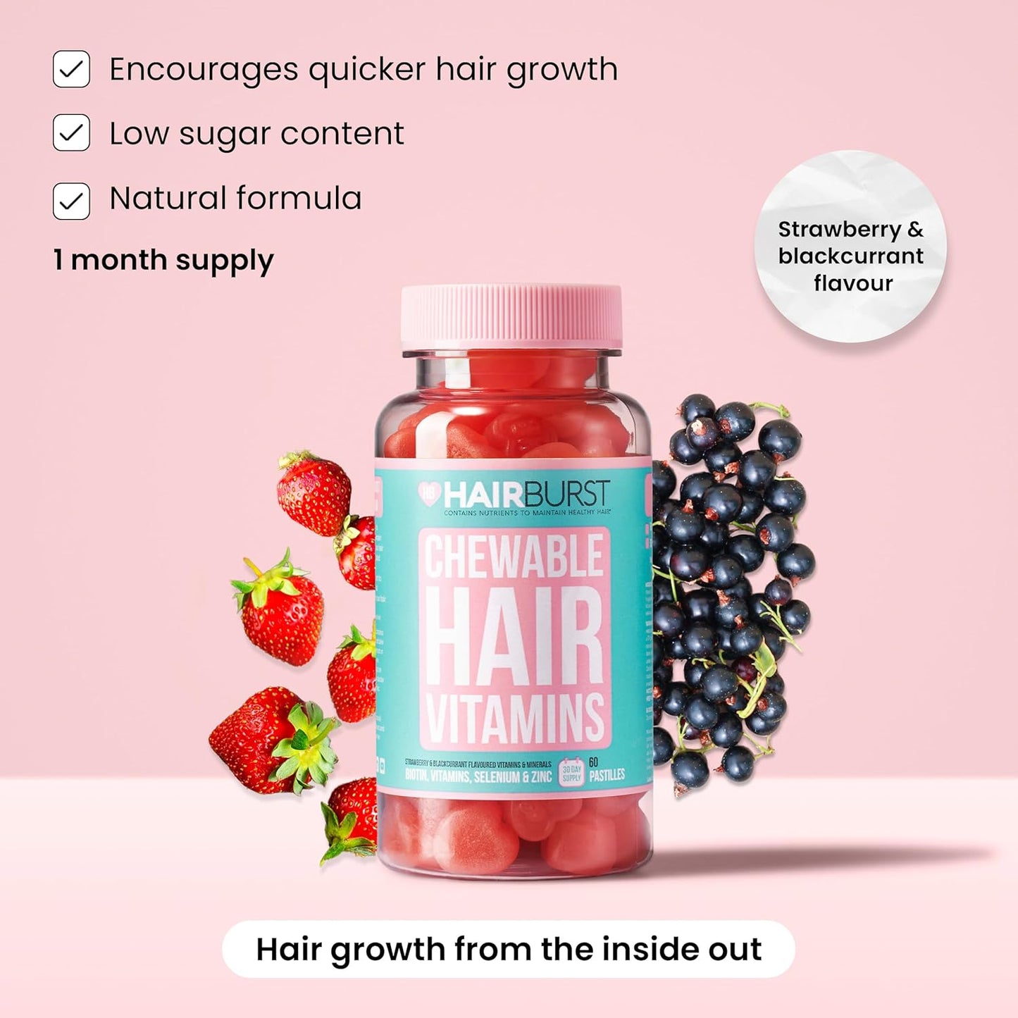 HAIR BURST Biotin Gummies for Hair Growth — Hair, Skin & Nails Vitamin Supplement, Reduces Breakage, Promotes Healthier Thicker- Daily Chewable Vitamins - 1 Month