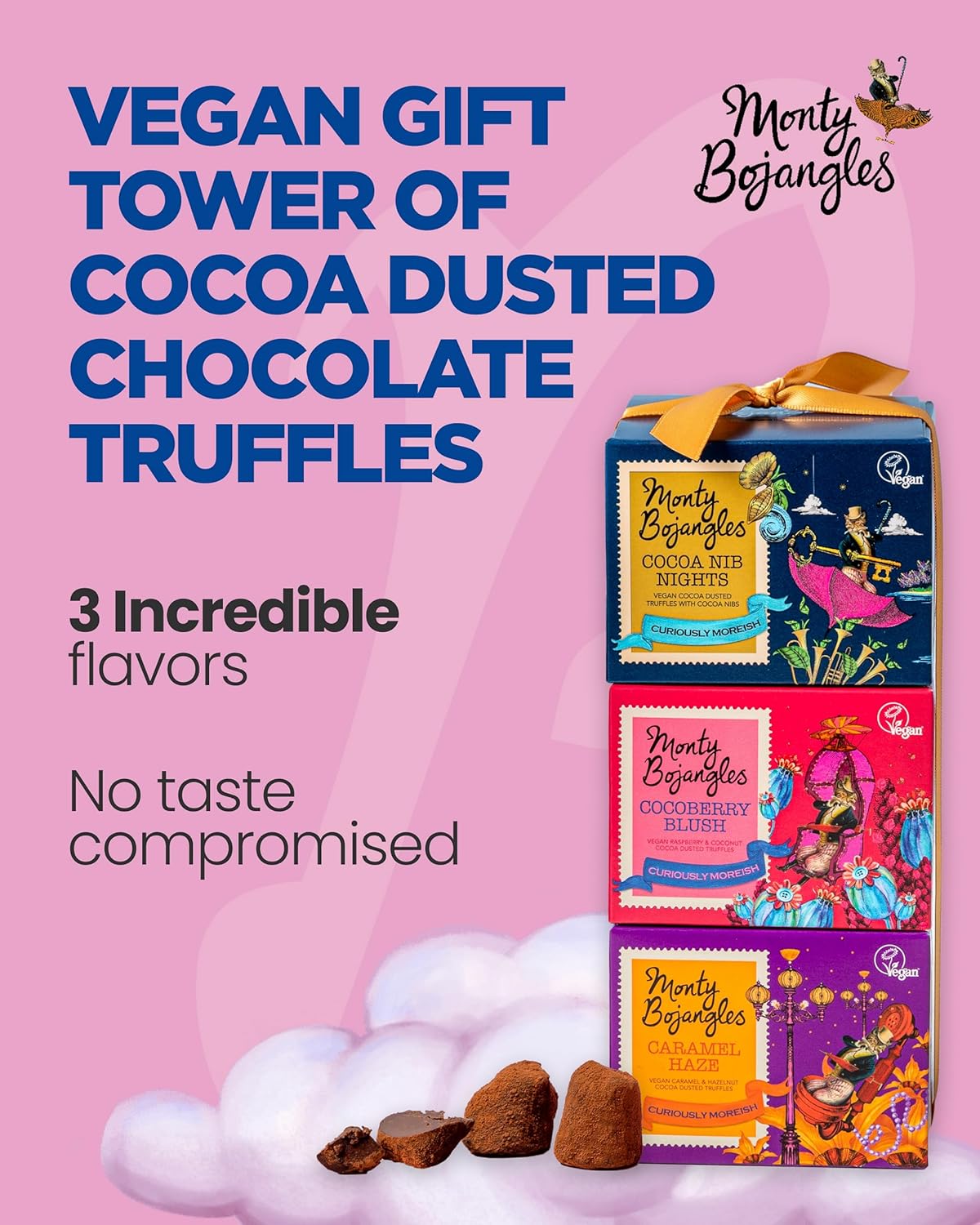 Monty Bojangles Vegan Cocoa Dusted Truffles Tower (3 x 100g Gift Pack) - 3 Luxury Vegan Chocolatey Truffle Boxes - Caramel Haze, Cocoa Berry Blush, Cocoa Nib Nights - Vegan Chocolate Gift