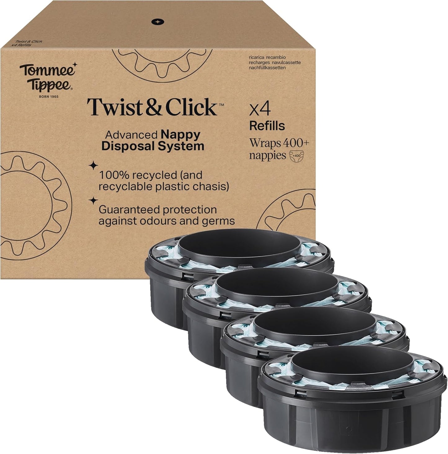 Tommee Tippee Twist and Click Advanced Nappy Bin Original Refill Cassettes, Exclusive Pack of 4, for Easy refill and Great value (pack may vary)