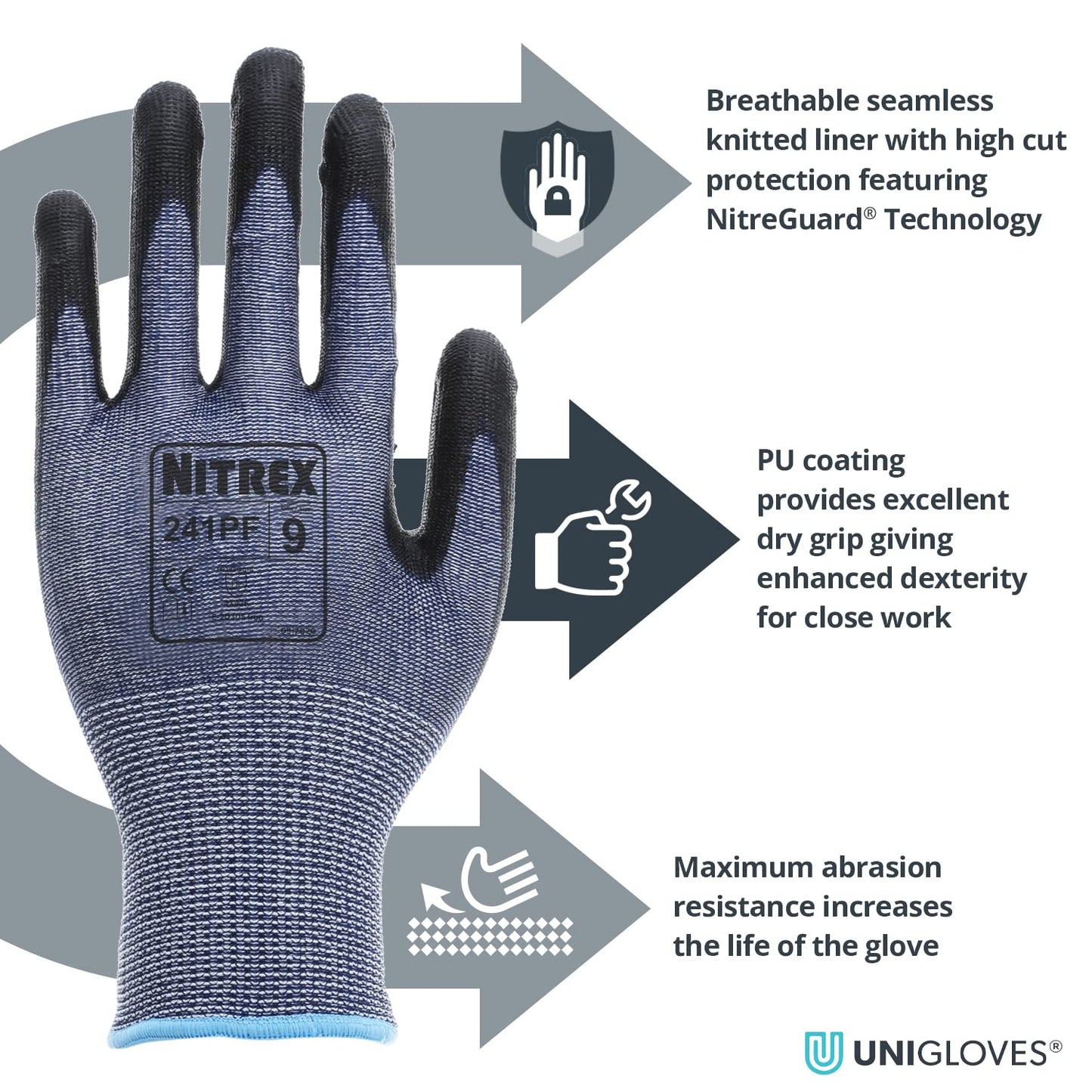 Nitrex 241PF Work and Safety Gloves, Bag of 10 Pairs, Size 7 - F Rated Cut Resistant Gloves with Seamless Liner and PU Palm Coating