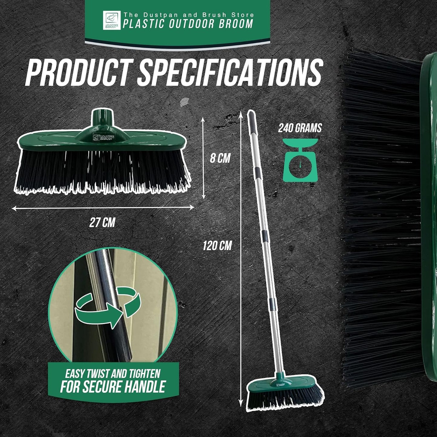 Yard Broom Outdoor Heavy Duty, 10” Synthetic Hard Bristle Brush Head and 4-Sections Stainless Steel Handle, Stiff Sweeping Broom for Cleaning Gardens, Yards, and Driveways