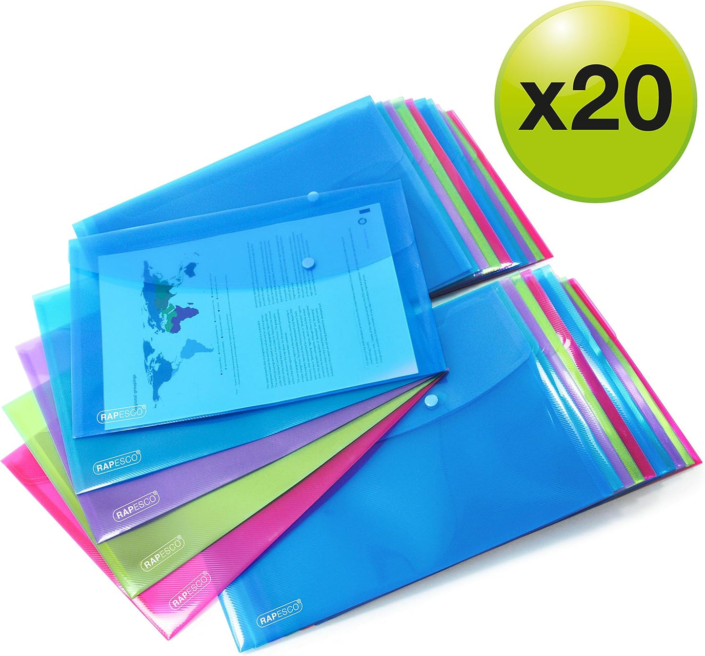 Rapesco 0690 Bright Transparent Popper Wallet, DL, Assorted Colours, Pack of 5