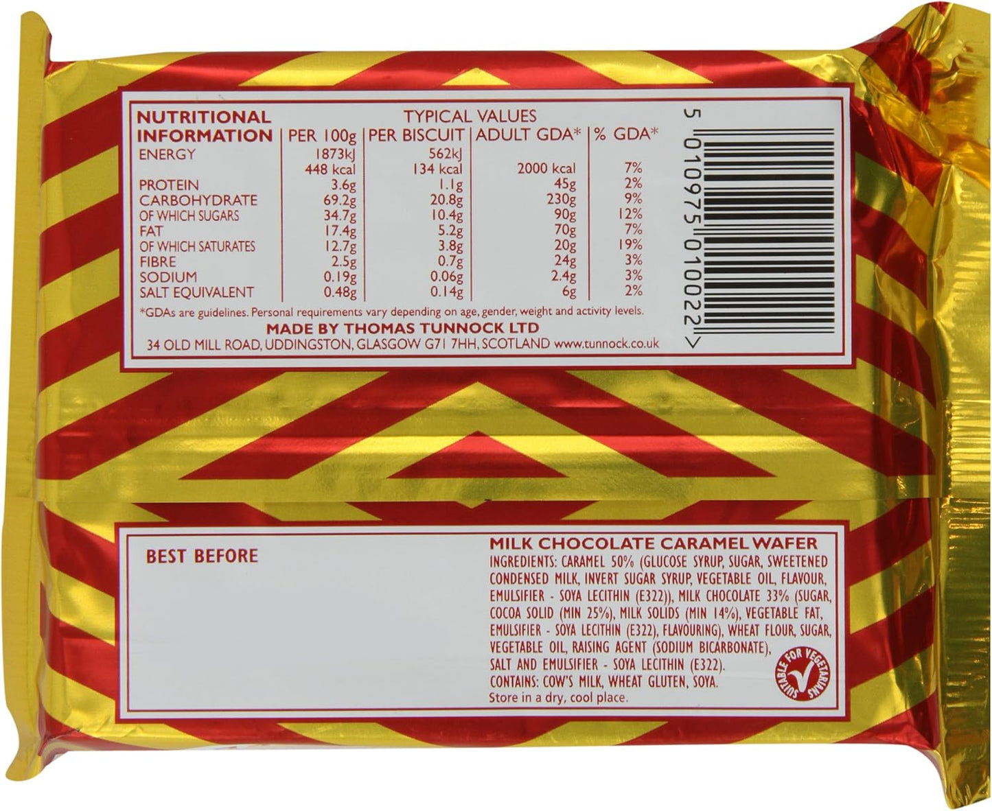Tunnock's Real Milk Chocolate Caramel Wafer Biscuits 120 g (4 x 30g)