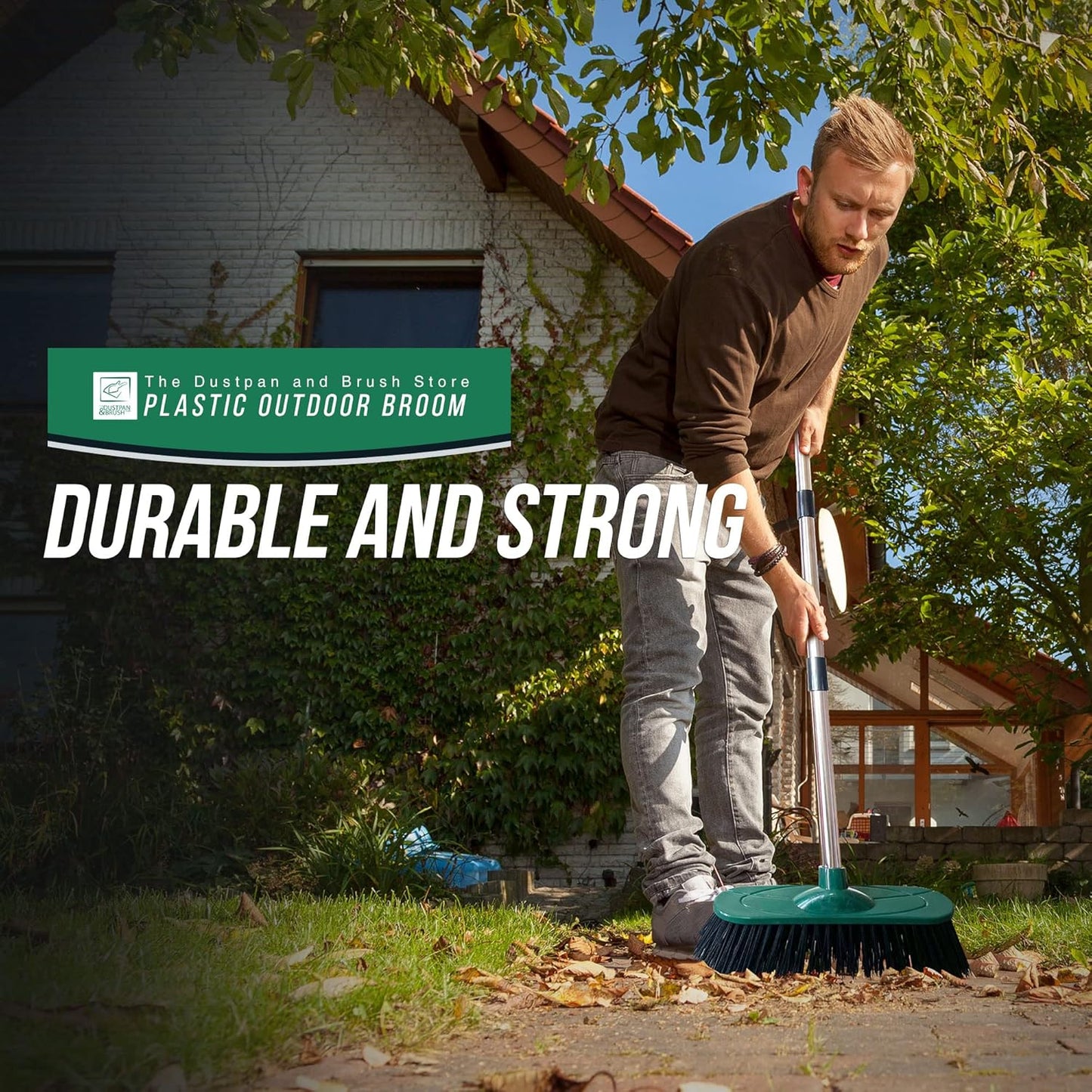 Yard Broom Outdoor Heavy Duty, 10” Synthetic Hard Bristle Brush Head and 4-Sections Stainless Steel Handle, Stiff Sweeping Broom for Cleaning Gardens, Yards, and Driveways